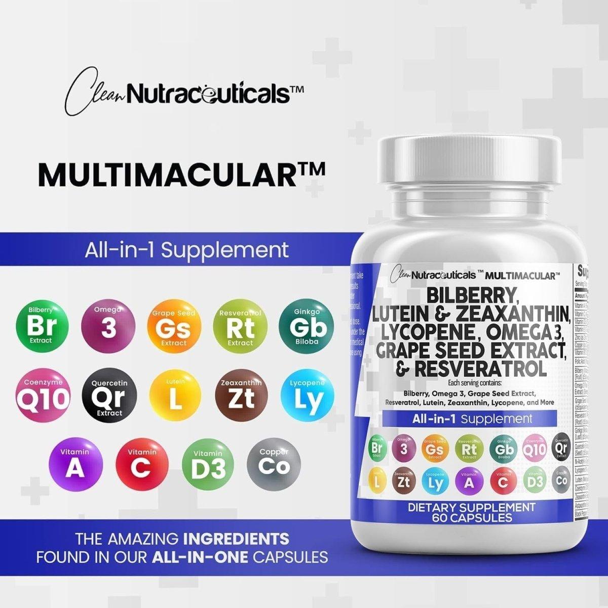 Clean Nutraceuticals MULTIMACULAR All - in - 1 Eye Health Supplement - 60 Capsules - Glam Global UK