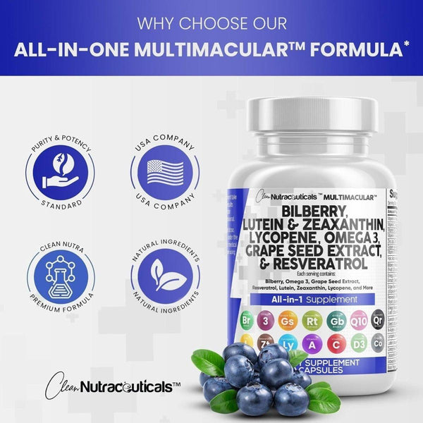 Clean Nutraceuticals MULTIMACULAR All - in - 1 Eye Health Supplement - 60 Capsules - Glam Global UKClean Nutraceuticals