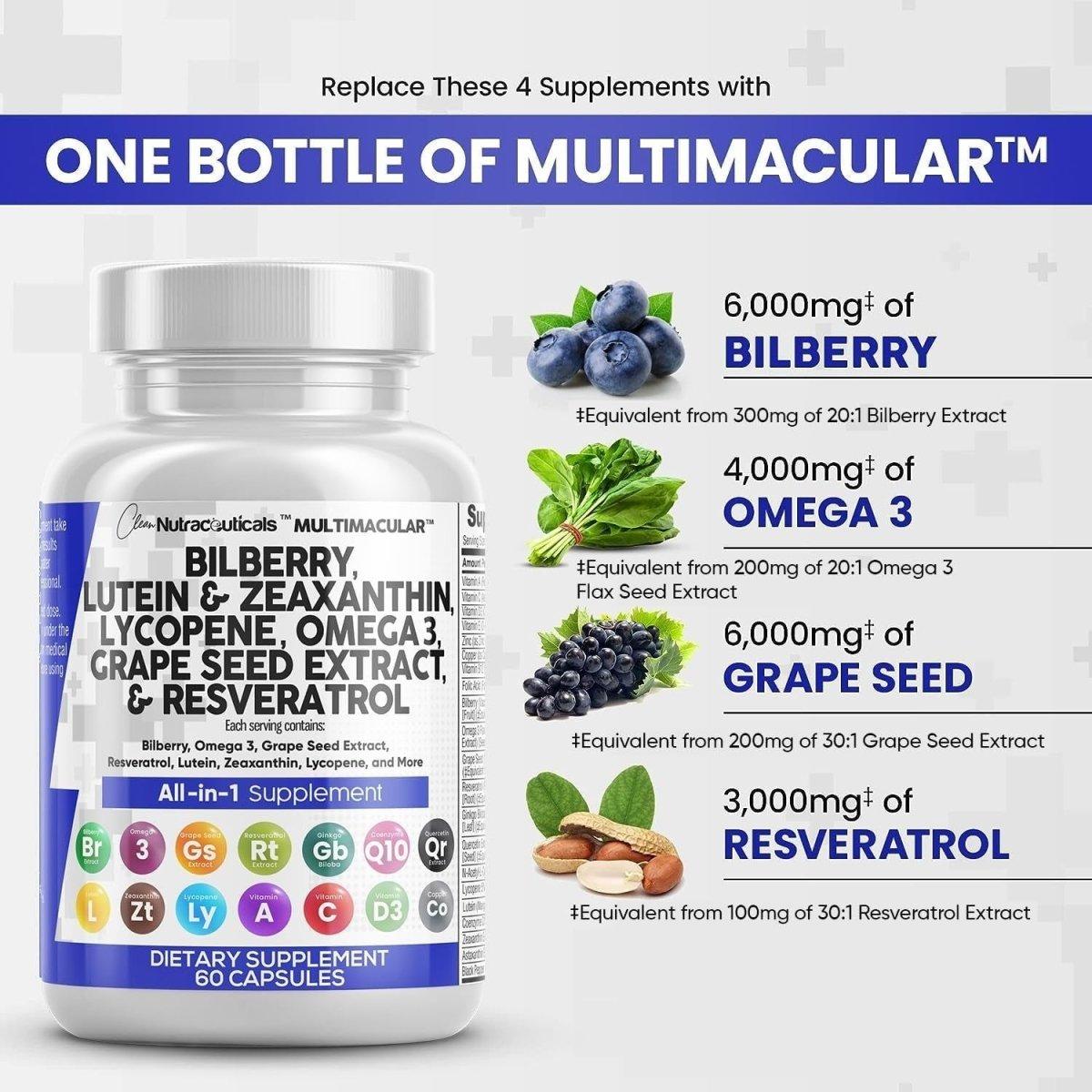 Clean Nutraceuticals MULTIMACULAR All - in - 1 Eye Health Supplement - 60 Capsules - Glam Global UK