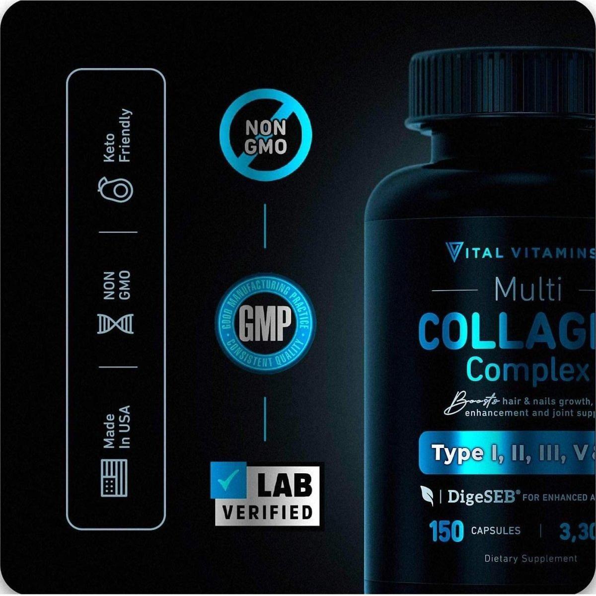 Vital Vitamins Multi Collagen Complex Type I, II, III, V, X - Grass Fed, Non - Gmo - 150 Capsules - Glam Global UKVital Vitamins