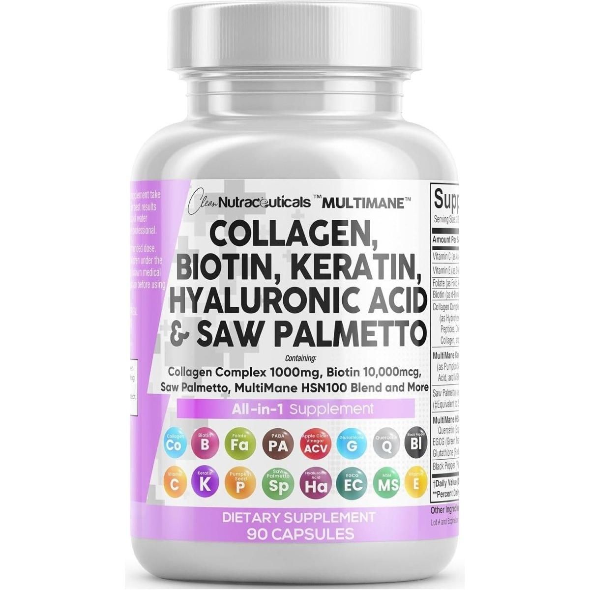 Collagen Pills 1000Mg Biotin 10000Mcg Keratin Saw Palmetto 2500Mg Hyaluronic Acid - Hair Skin and Nails Vitamins and DHT Blocker with Vitamin E Folic Acid Pumpkin Seed MSM - 90 Count - Glam Global UK