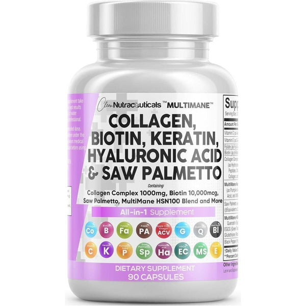 Clean Nutraceuticals Collagen Pills 1000Mg Biotin 10000Mcg Keratin DHT Blocker - 90 Count - Glam Global UKClean Nutraceuticals