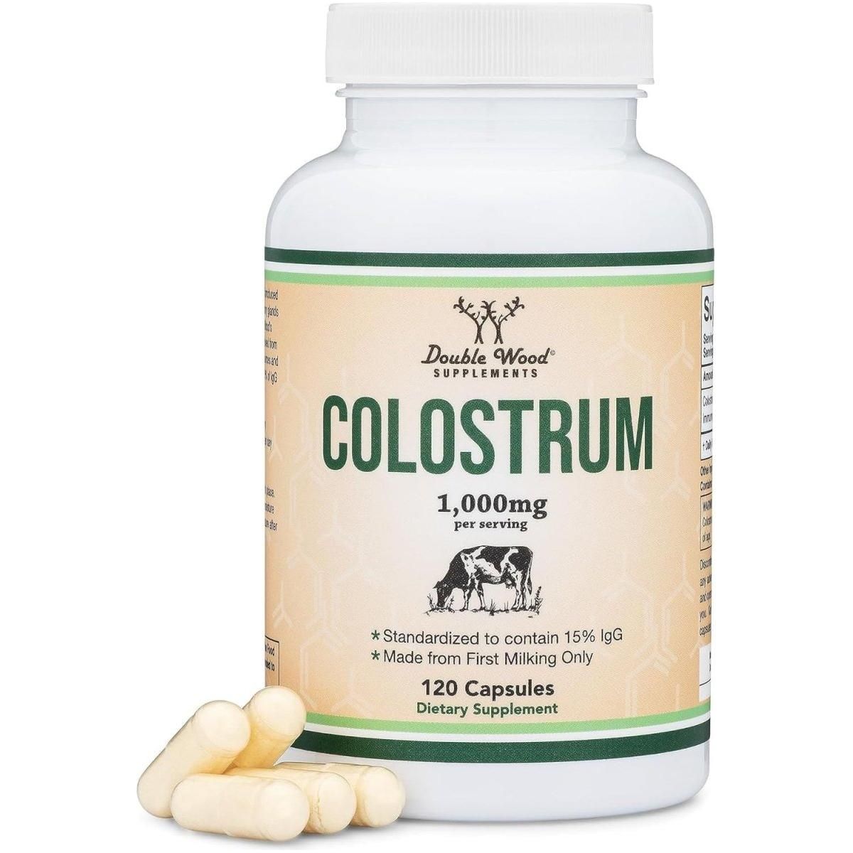 Colostrum Supplement 120 Capsules, 1,000Mg per Serving (Bovine Colostrum Powder from First Milking Only, Std. to Contain 15% Igg Immunoglobulins) No Fillers, Third Party Tested by Double Wood - Glam Global UK