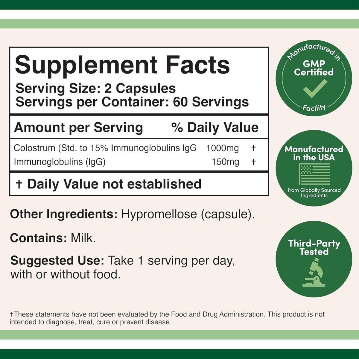 Colostrum Supplement 120 Capsules, 1,000Mg per Serving (Bovine Colostrum Powder from First Milking Only, Std. to Contain 15% Igg Immunoglobulins) No Fillers, Third Party Tested by Double Wood - Glam Global UK