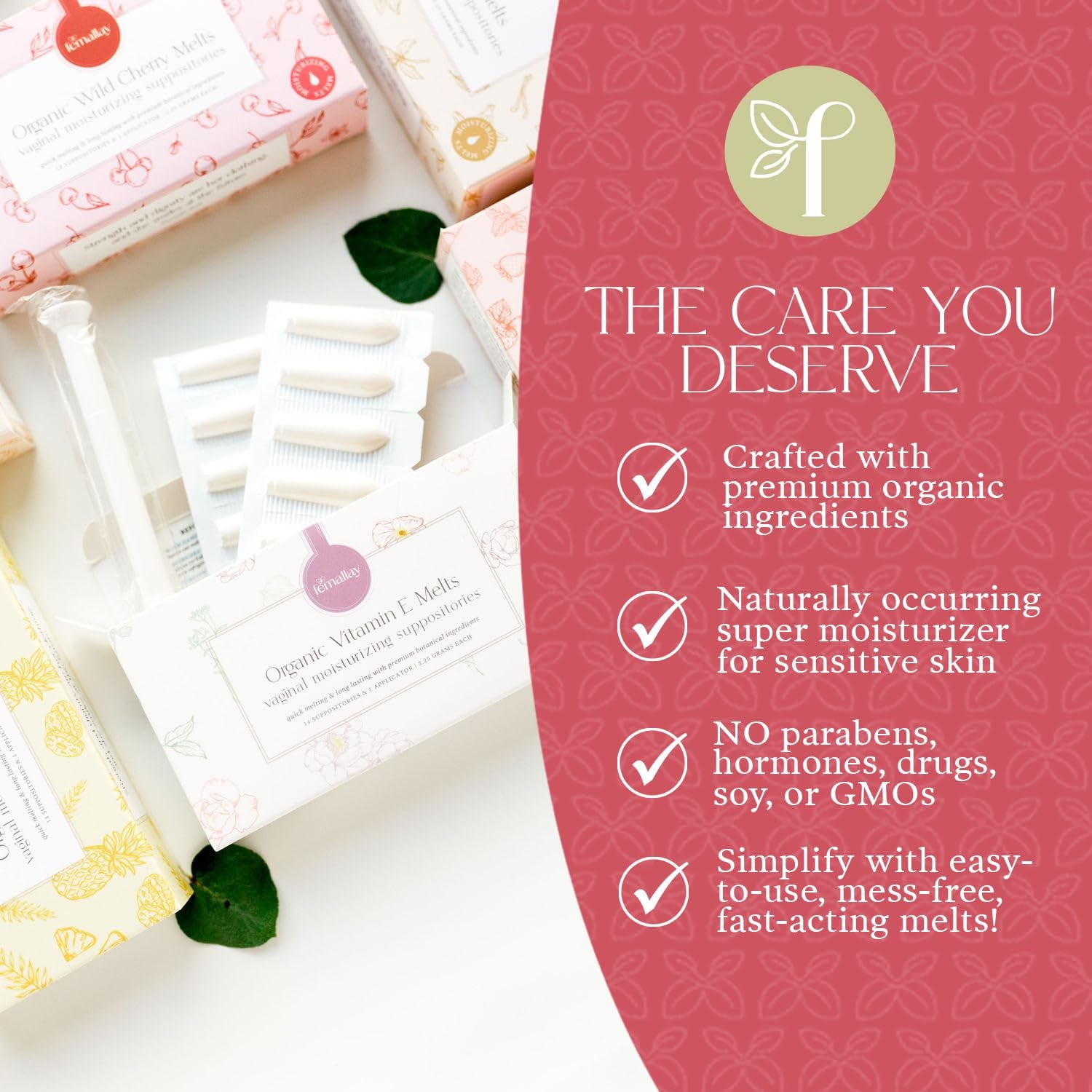 Femallay Organic Vitamin E Melts Vaginal Moisturizing Suppository Melts – 14 Suppositories + Applicator (2.25g Each) | Deep Hydration & Comfort for Women