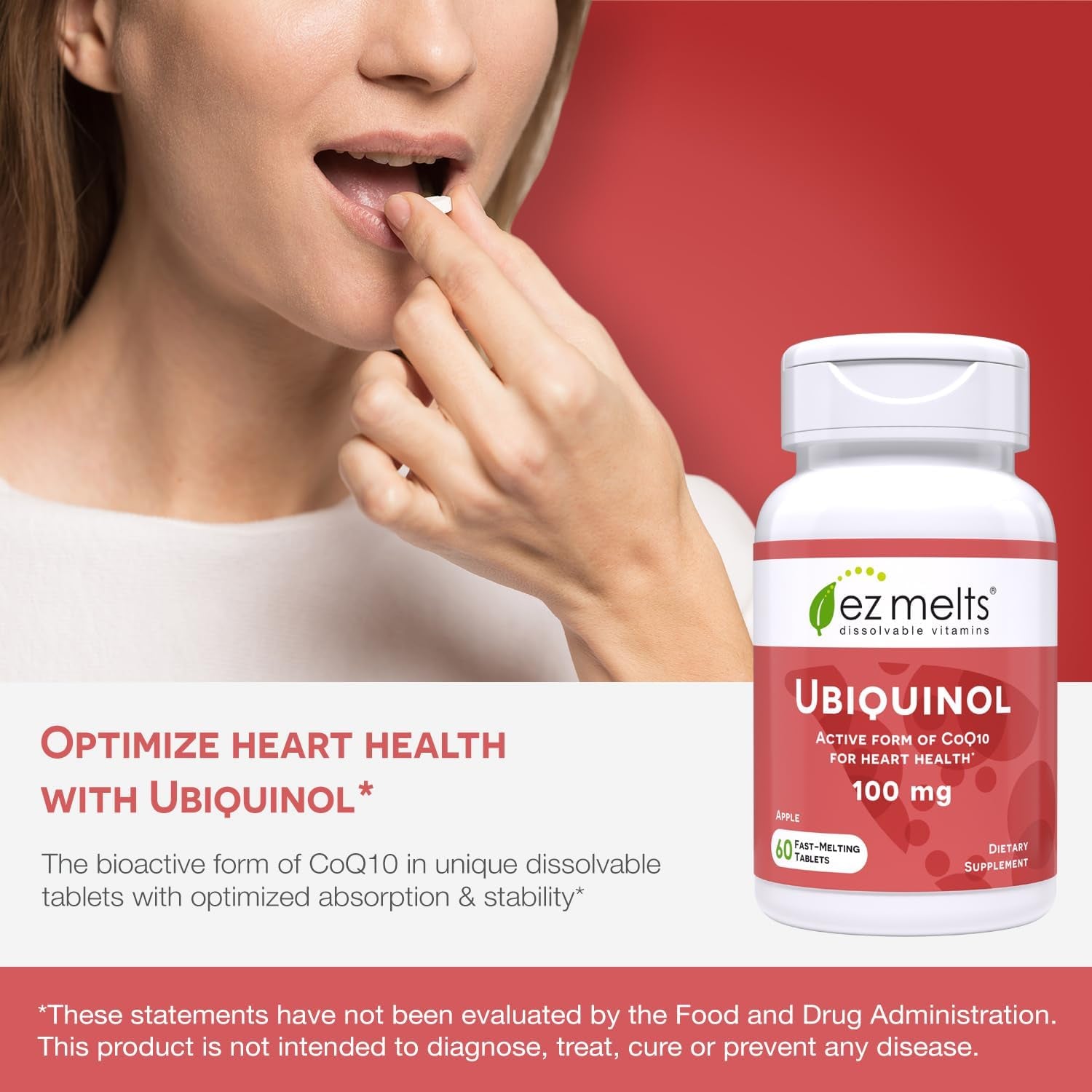 EZ Melts Dissolvable Vitamins Ubiquinol 100mg – 60 Tablets | Fast-Melting CoQ10 for Heart & Cellular Health