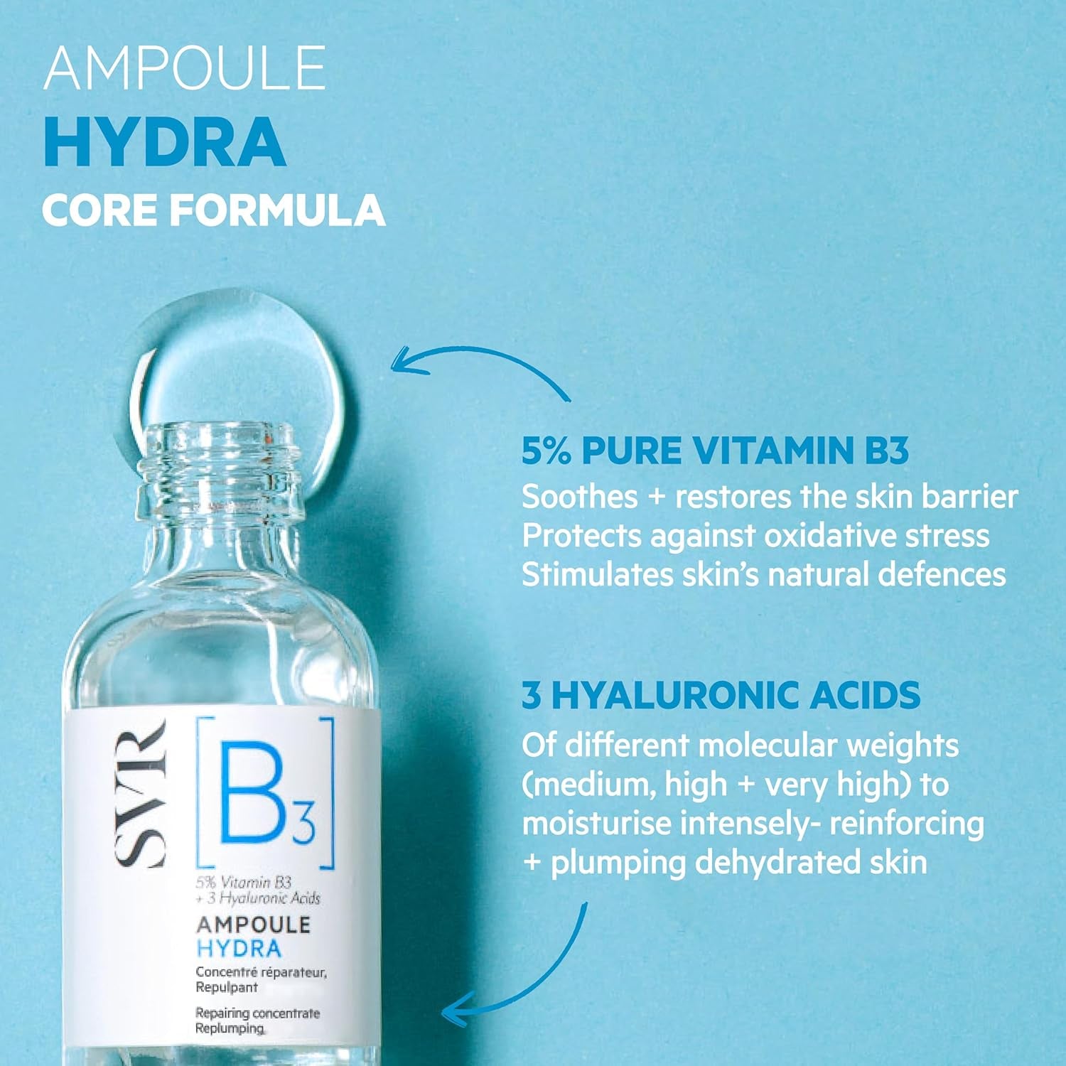 SVR [B3] Ampoule Hydra – 30ml | 5% Niacinamide + 3 Hyaluronic Acids for Intense Hydration & Skin Barrier Repair