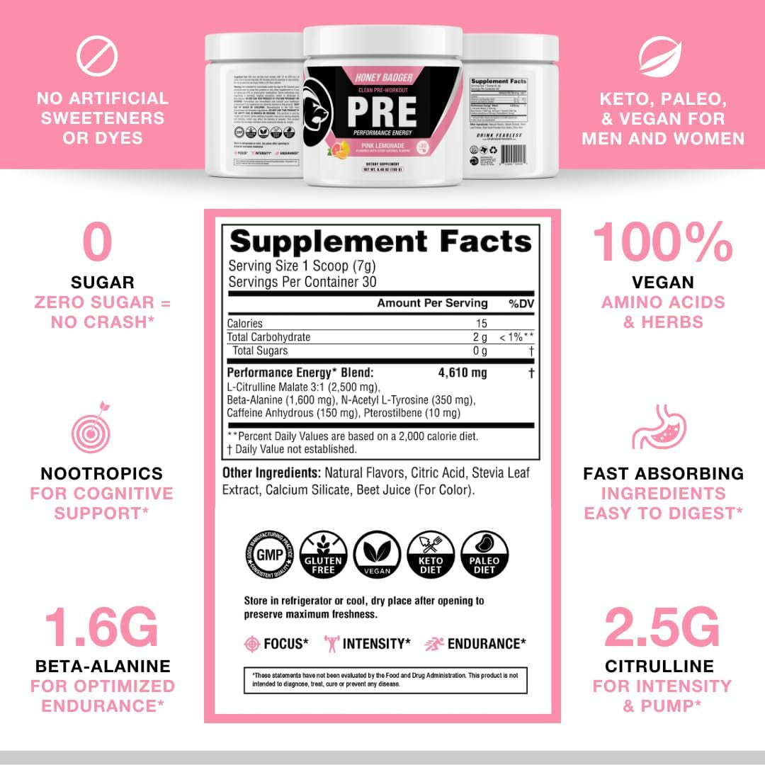 Honey Badger Clean Pre-Workout (Pink Lemonade Flavor) – 183g | Natural Energy, Focus & Endurance with Zero Crash