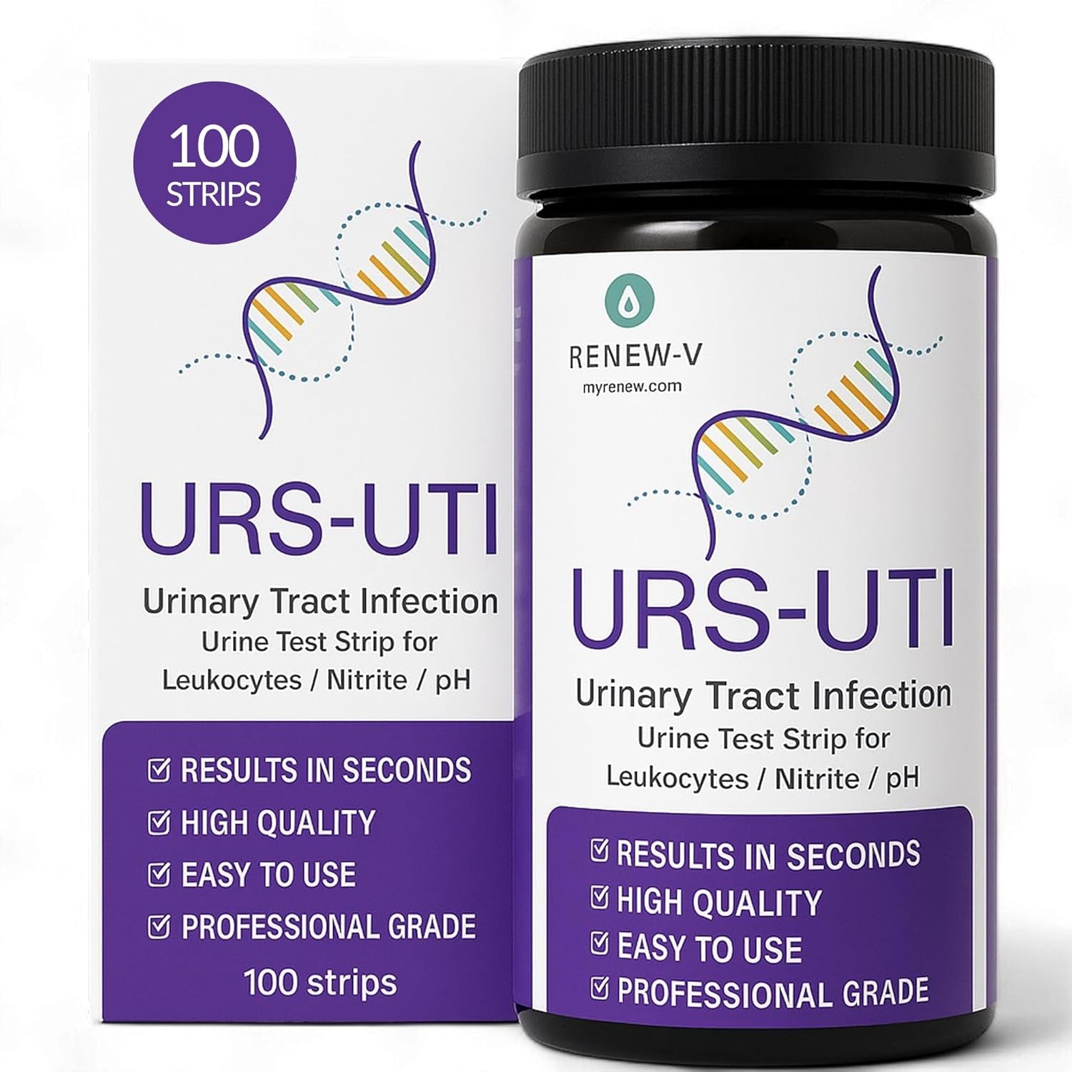 Renewv URS-UTI Test Strips 100Ct – 3-In-1 Urinary Tract Health Test Kit for Leukocytes, Nitrite, Ph – At-Home UTI Detection, Professional-Grade Accuracy