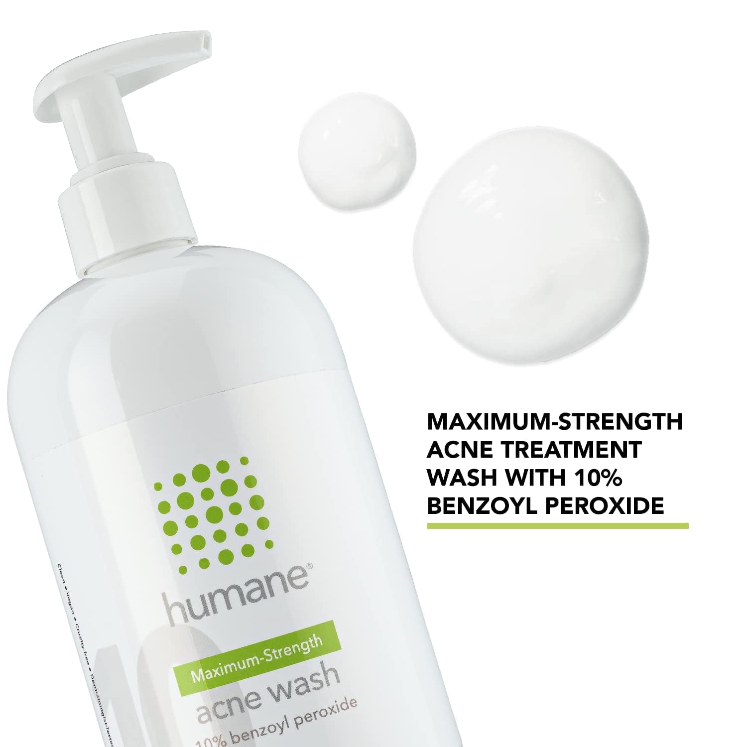 Humane Maximum-Strength Acne Wash – 473ml | 10% Benzoyl Peroxide Body & Face Cleanser for Stubborn Acne