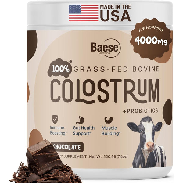 Baese Nutrition 100% Grass-Fed Bovine Colostrum Powder + Probiotics – 220.98g | Immune & Gut Health Support for Adults & Kids (Chocolate Flavor)
