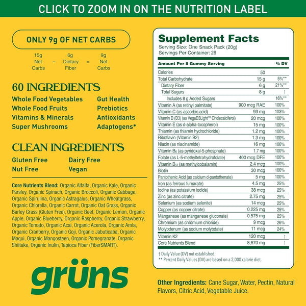 Adults Super Greens Gummies, Multivitamin Superfood Gummy Bears with Spirulina, Chlorella, Prebiotics & Fiber for Digestive Health, Adaptogens Supplement with 20 Vitamins & Minerals, 28 Count