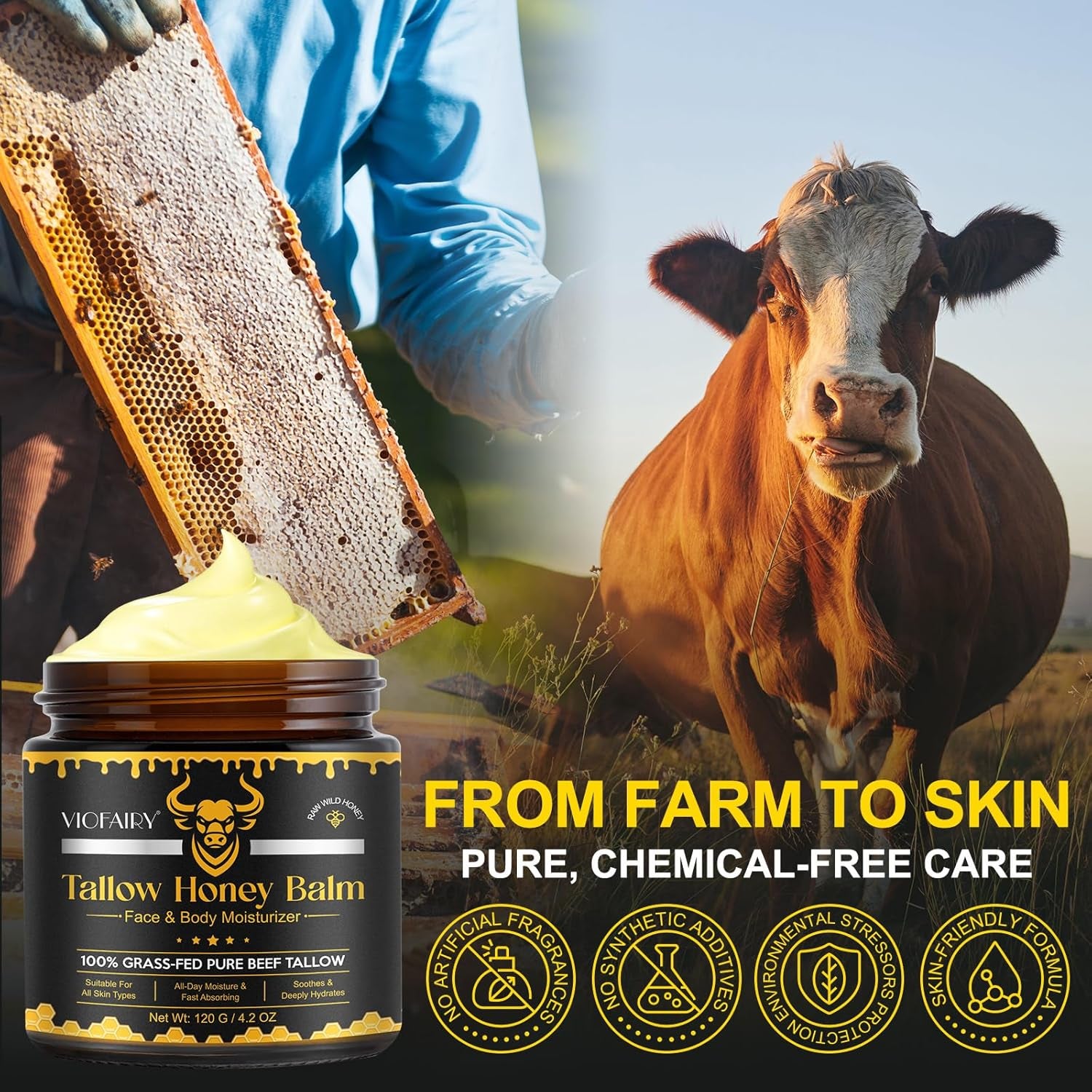 VIOFAIRY Tallow Honey Balm Face & Body Moisturizer – 120g | Fast-Absorbing Hydration & Nourishment
