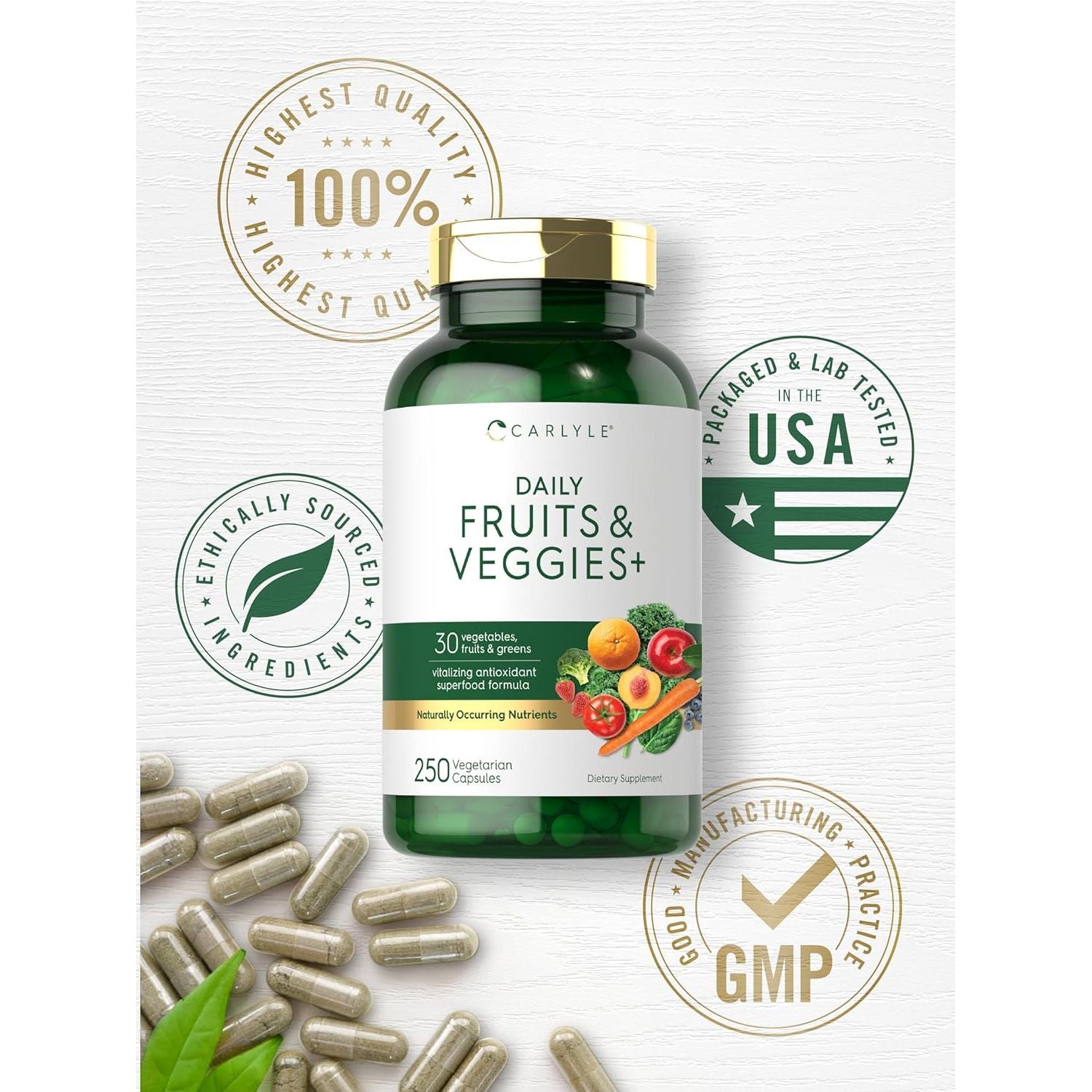 Fruits and Veggies Supplement | 250 Capsules | Made with 30 Fruits and Vegetables | Vegetarian, Non-Gmo, Gluten Free Superfood Formula