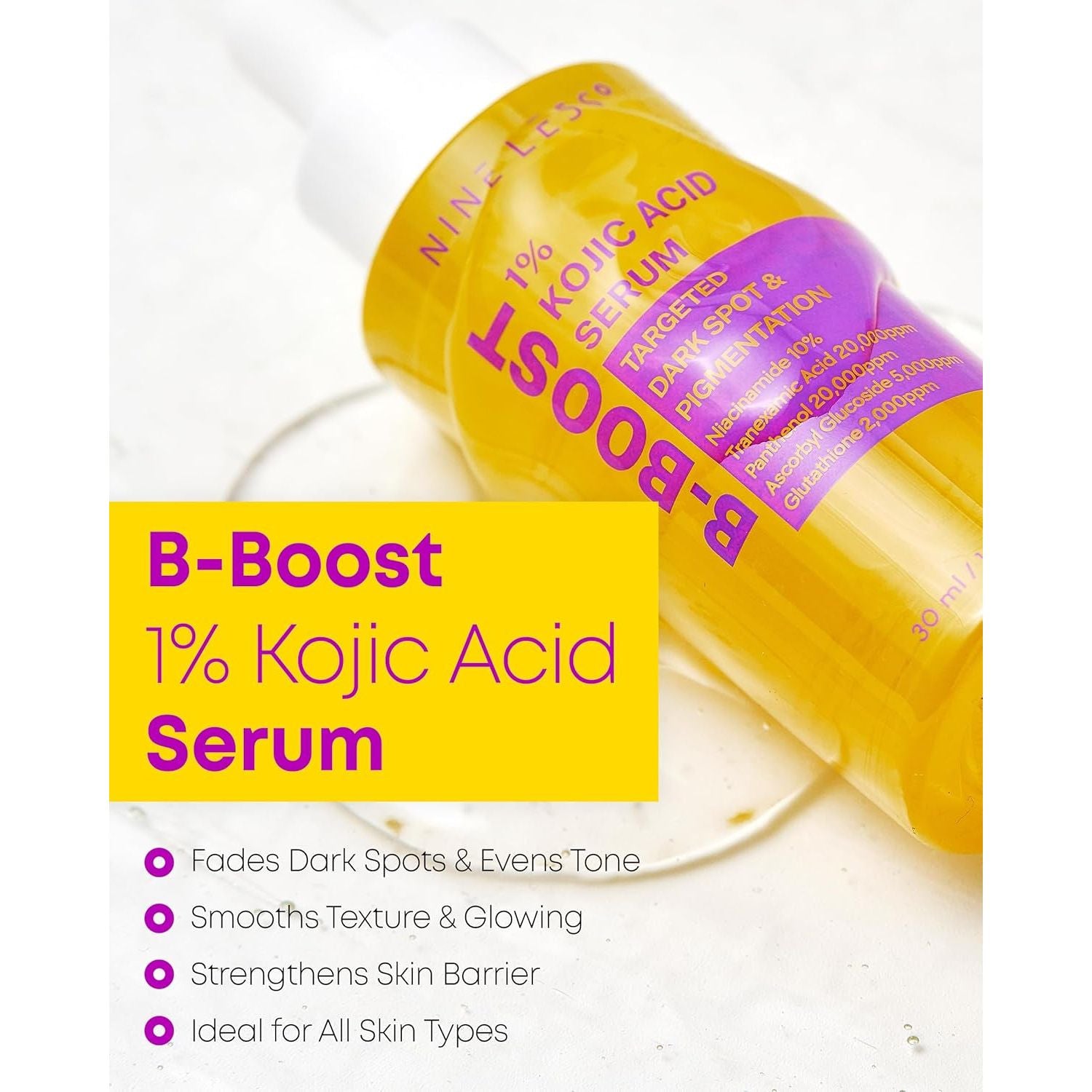 NINELESS B-Boost 1% Kojic Acid Serum – 30ml | Brightening & Pigment-Correcting Serum with Niacinamide, Tranexamic Acid & Peptides