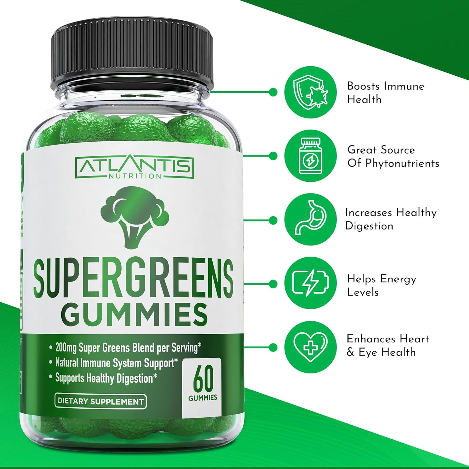 Atlantis Nutrition Supergreens Gummies – 60 Gummies | Immune Support, Gut Health & Superfood Nutrition