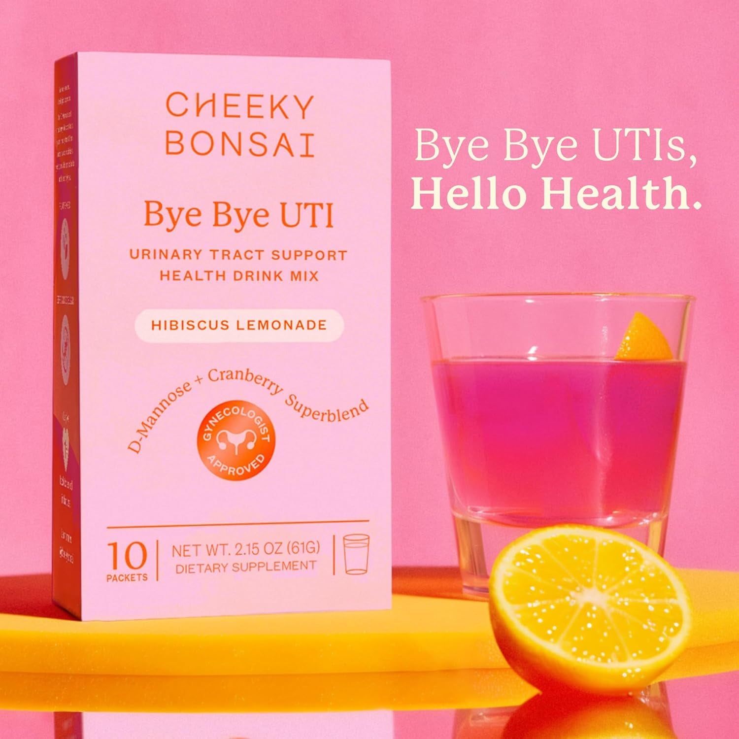 Cheeky Bonsai Bye Bye UTI – 10 Hibiscus Lemonade Drink Mix Packets | D‑Mannose & Cranberry UTI Support