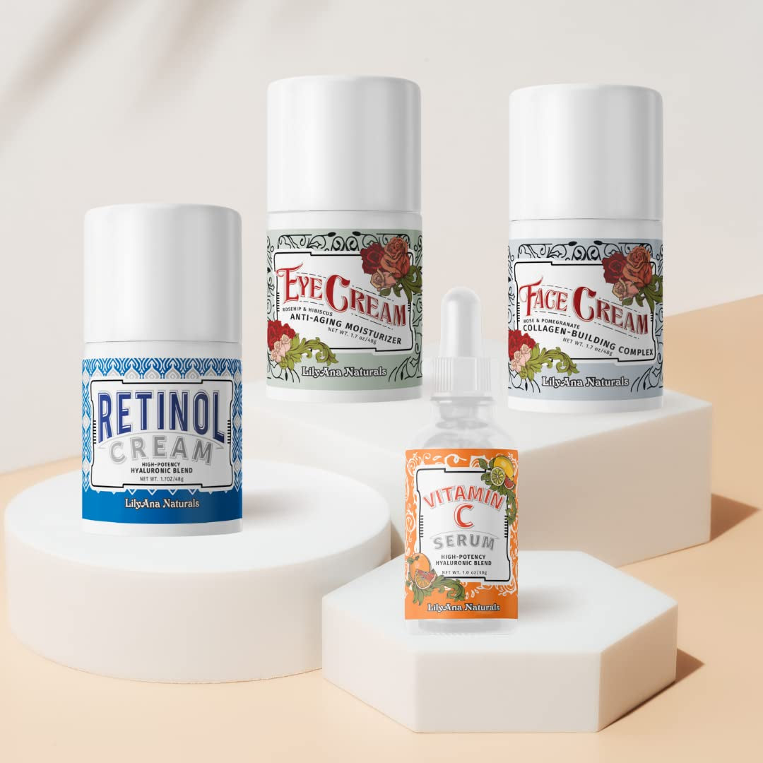 LilyAna Naturals Skincare Gift Set – 4-Piece Anti-Aging Routine | Retinol, Vitamin C, Eye & Face Creams