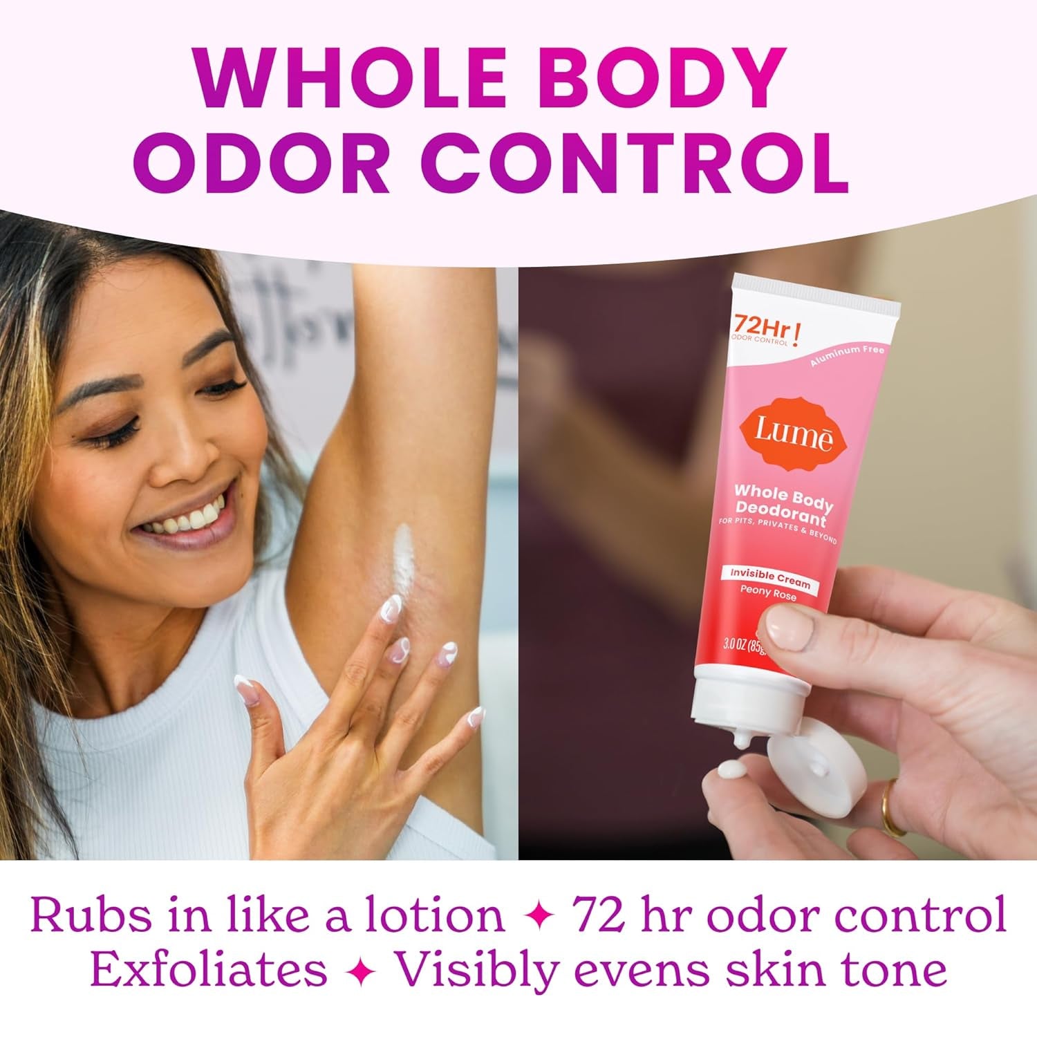 Lume Whole Body Deodorant - Invisible Cream (Peony Rose) - 85g (Pack of 2)