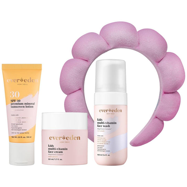 Evereden Kids Daily 1-2-3 Routine Bundle – Peach + Headband | Gentle, Vegan Skincare & Fun Hair Care Set for Kids (Ages 4+)