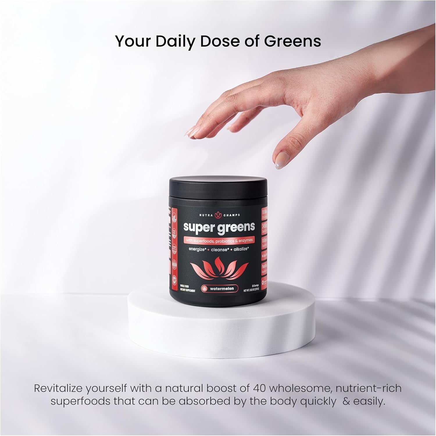 NutraChamps Super Greens Powder | Watermelon – 270g, 30 Servings | Daily Superfood Blend with Probiotics & Enzymes