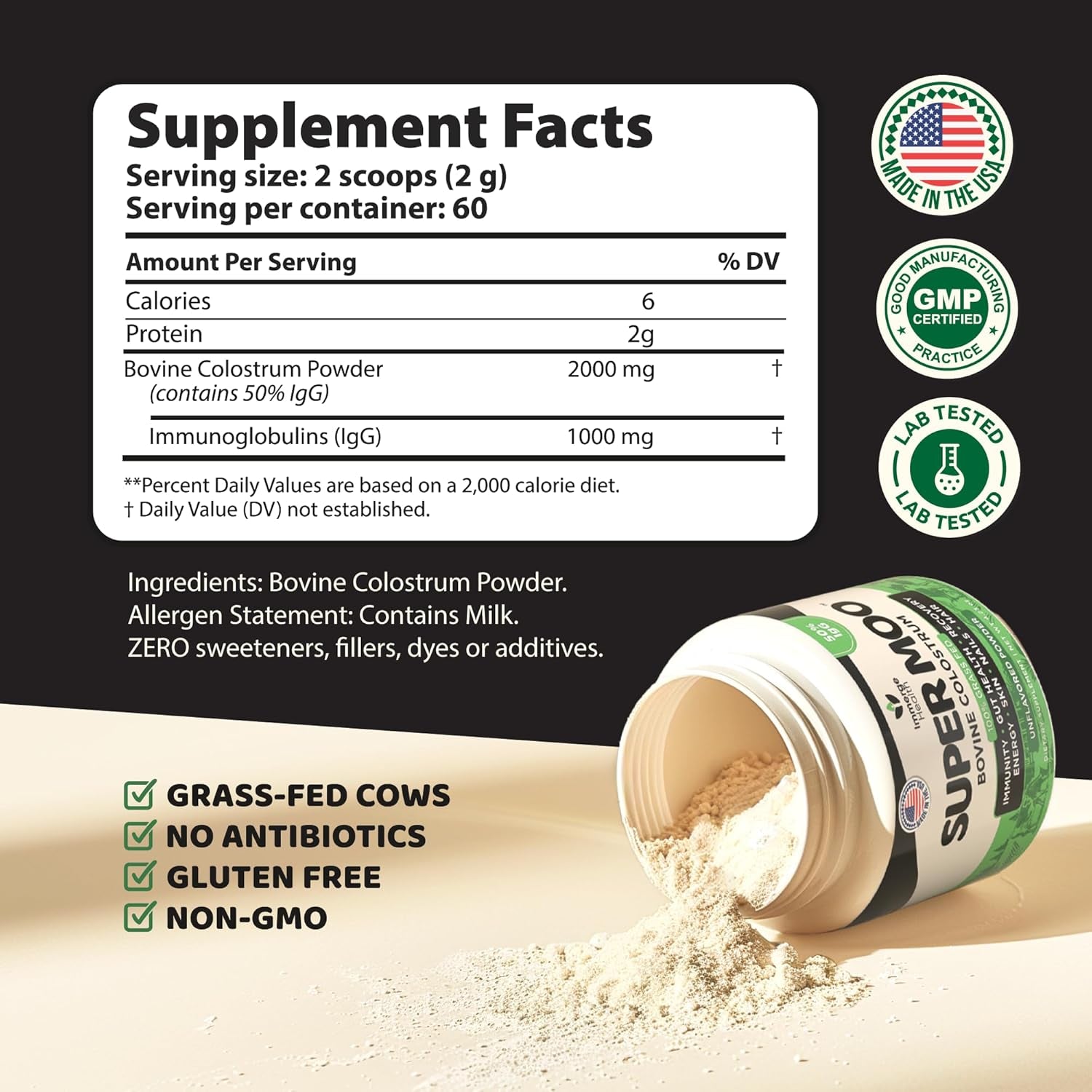 ImmergeHealth 100% Grass-Fed Super Colostrum Powder – 120g | Gut, Immune & Beauty Support | Unflavored, First Milking
