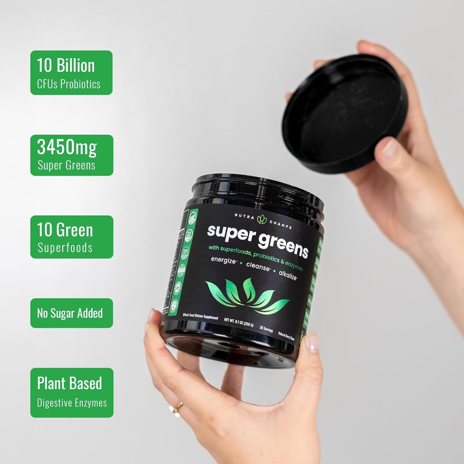 NutraChamps Super Greens Powder | Natural Berry Flavor – 258g, 30 Servings | 40+ Nutrients & Probiotics