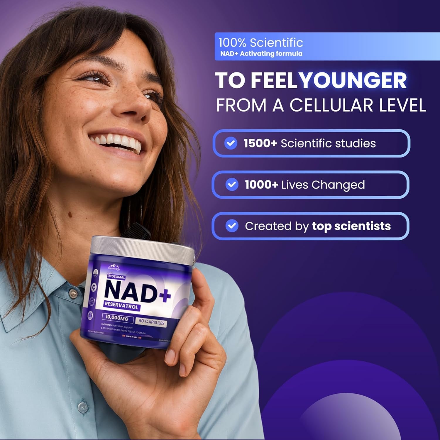 PHM NAD Resveratrol Supplement - 10,000MG Extra Strength | NAD+ Liposomal Supplements for Men and Women | NMN & NMNH Alternative | 90 Capsules, 3 Months Supply