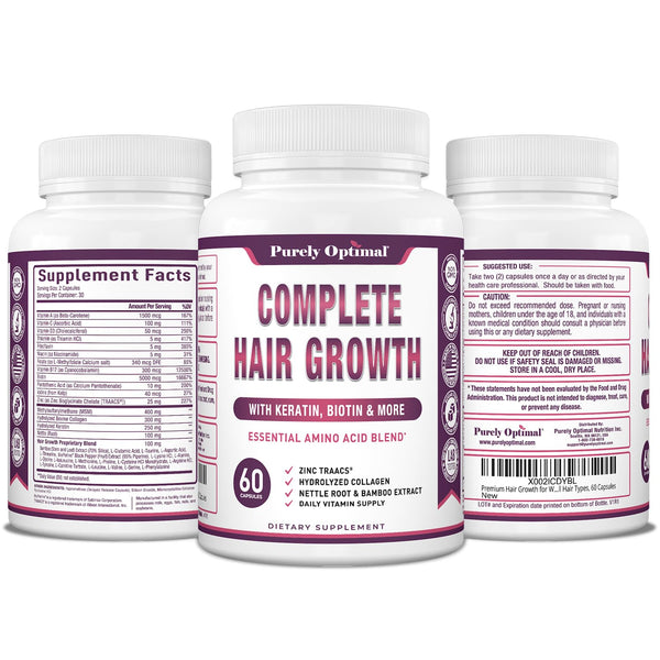 Purely Optimal Complete Hair Growth Supplement – 60 Capsules | Biotin, Collagen & Keratin for Stronger, Thicker Hair
