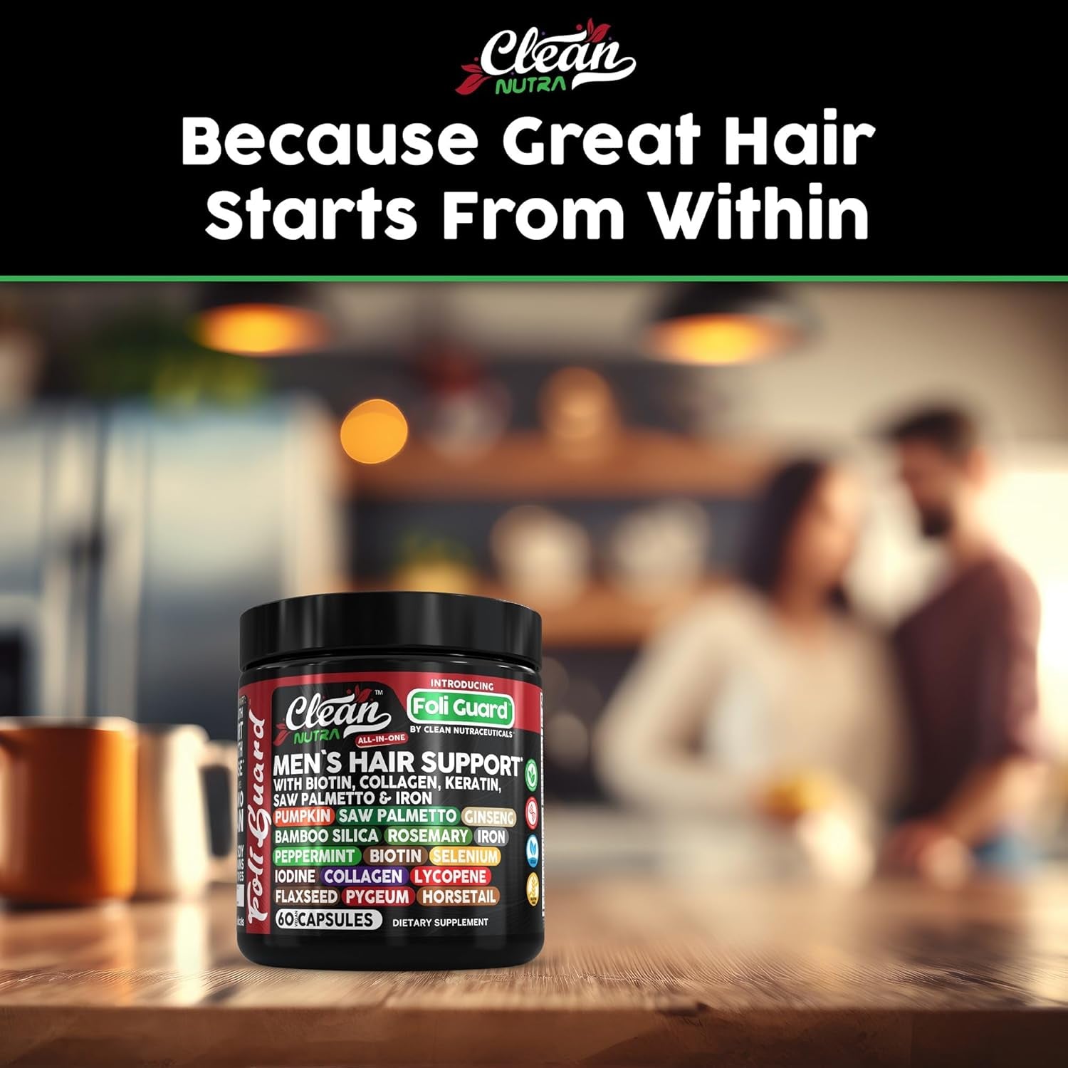 Clean Nutraceuticals Men's Hair Support Supplement – 60 Capsules | Biotin, Collagen & Saw Palmetto for Hair Growth, Thickness & Scalp Health