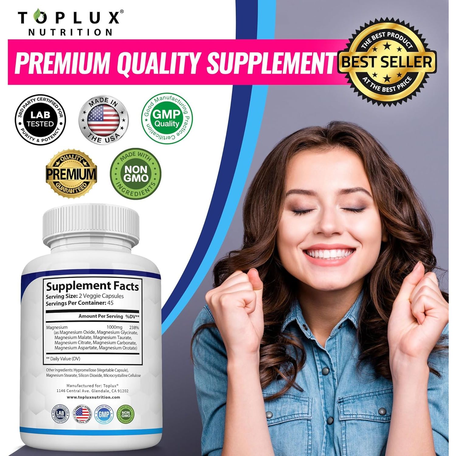 Toplux Magnesium Complex Supplement - 90 Capsules
