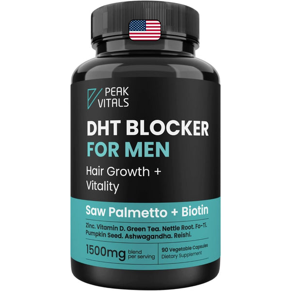 PEAK VITALS DHT Blocker for Men – 90 Capsules | Hair Regrowth Supplement with Biotin, Saw Palmetto & Adaptogens
