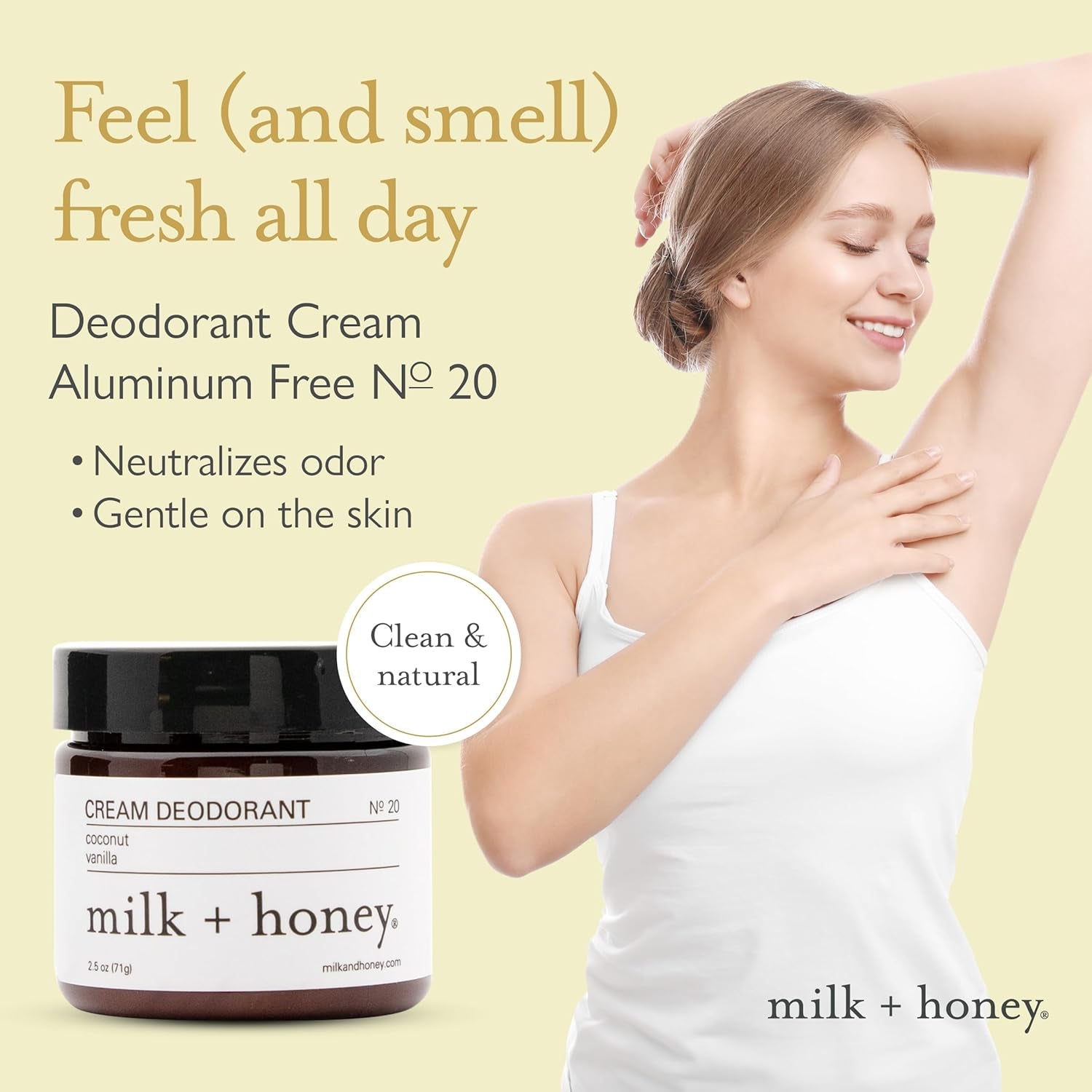 milk + honey Cream Deodorant No. 20 – 71g | Natural Deodorant with Coconut & Vanilla | Aluminum-Free, Sensitive Skin Safe