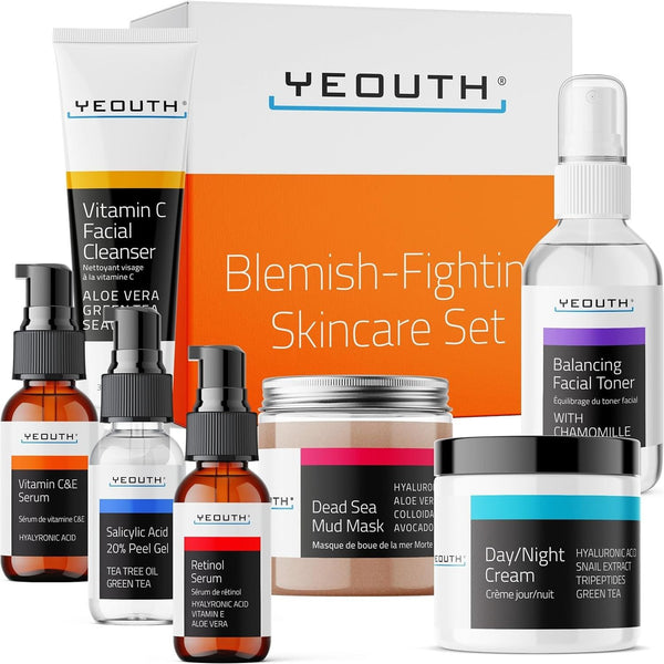YEOUTH Blemish-Fighting Skin Care Set | Complete 7-Step Routine with Vitamin C, Retinol, Salicylic Acid & Hyaluronic Acid | Dermatology-Tested, USA-Made