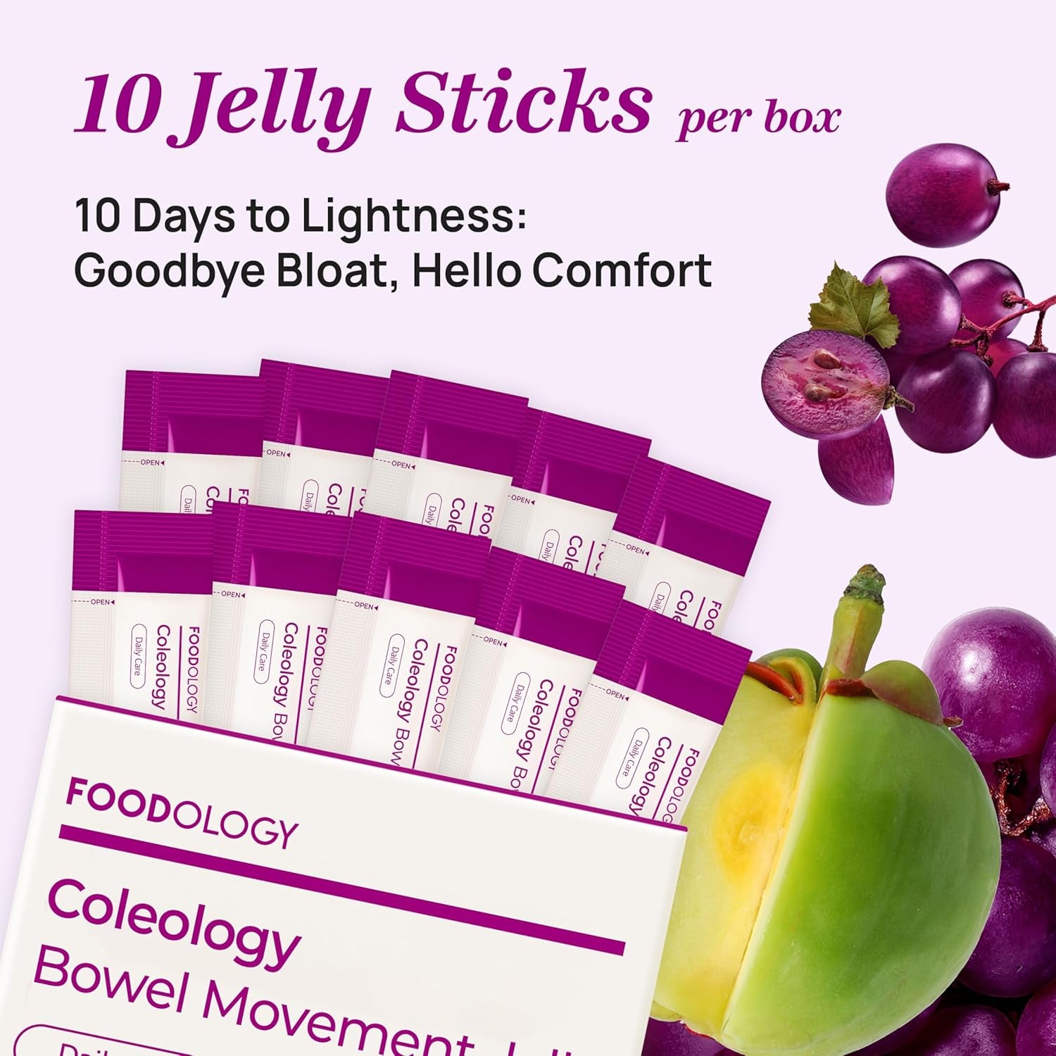 Coleology Bowel Movement Jelly – Fiber Supplement for Bloating Relief & Gut Cleanse - Grape & Prune - Garcinia Cambogia, Collagen, Chia Seeds (10 Counts, Grape & Prune)