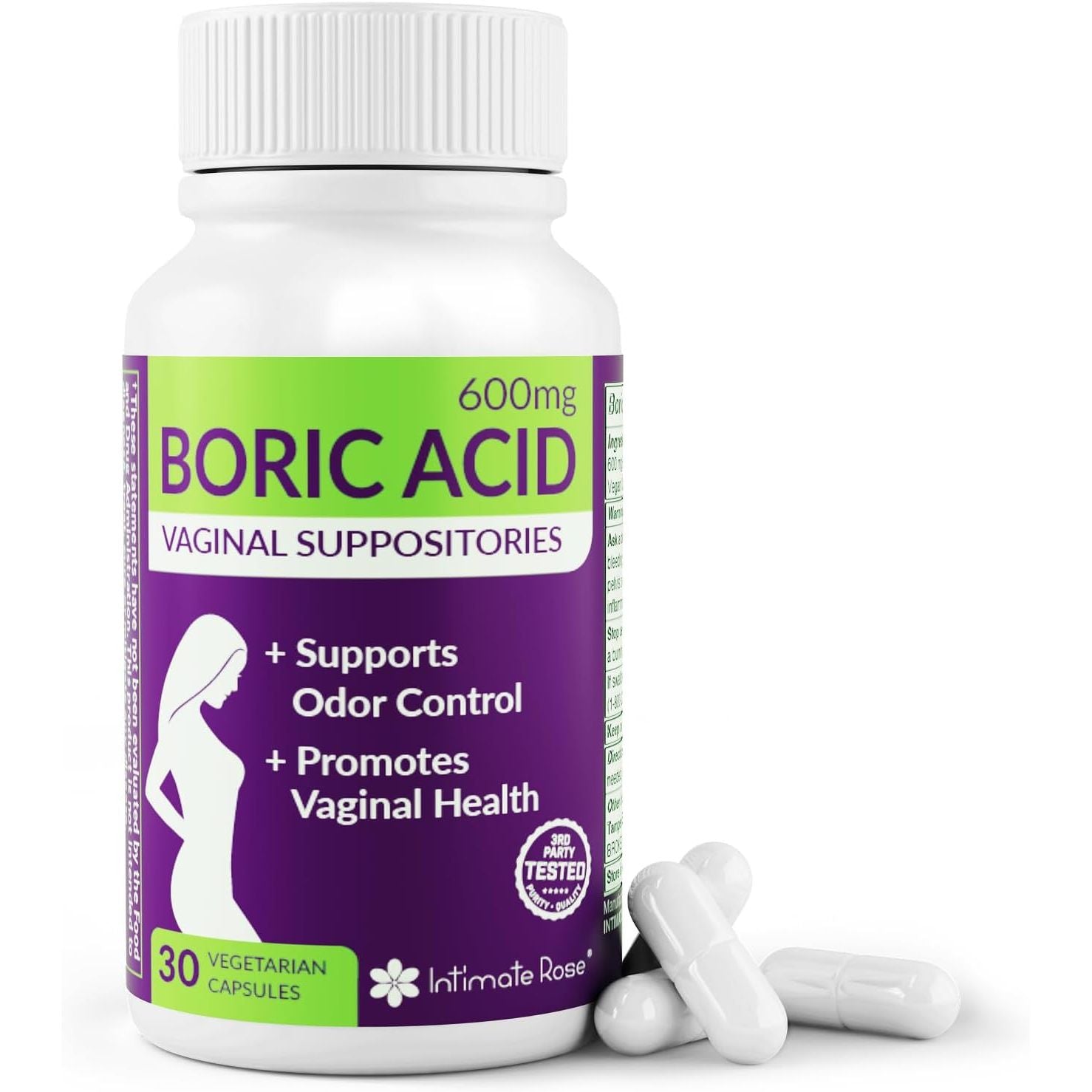 Intimate Rose 30Ct Boric Acid Suppositories for Women - 600Mg Vaginal Ph Balance Pills for Odor Relief, BV Support - Made in USA