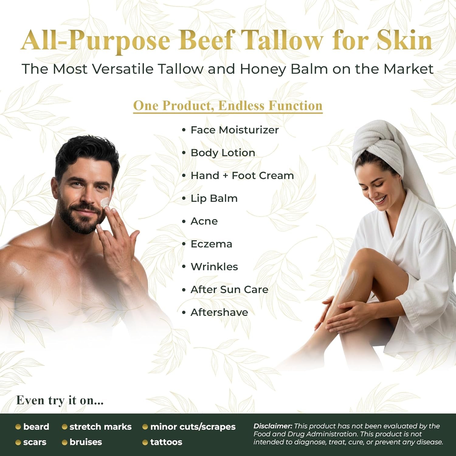 Whipped Tallow and Honey Balm (Unscented), Beef Tallow for Skin Care, Grass Fed + Finished Tallow Moisturizer Cream for Face & Body W/Organic Honey, Aloe Vera, Jojoba Oil, Men Women 3.25Oz