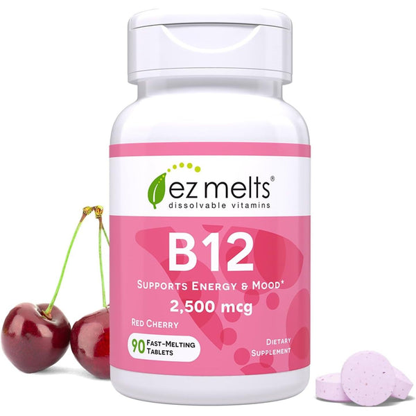 EZ Melts Dissolvable Vitamins B12 – 90 Tablets | Sugar-Free Vegan Methylcobalamin for Energy, Focus & Nerve Health