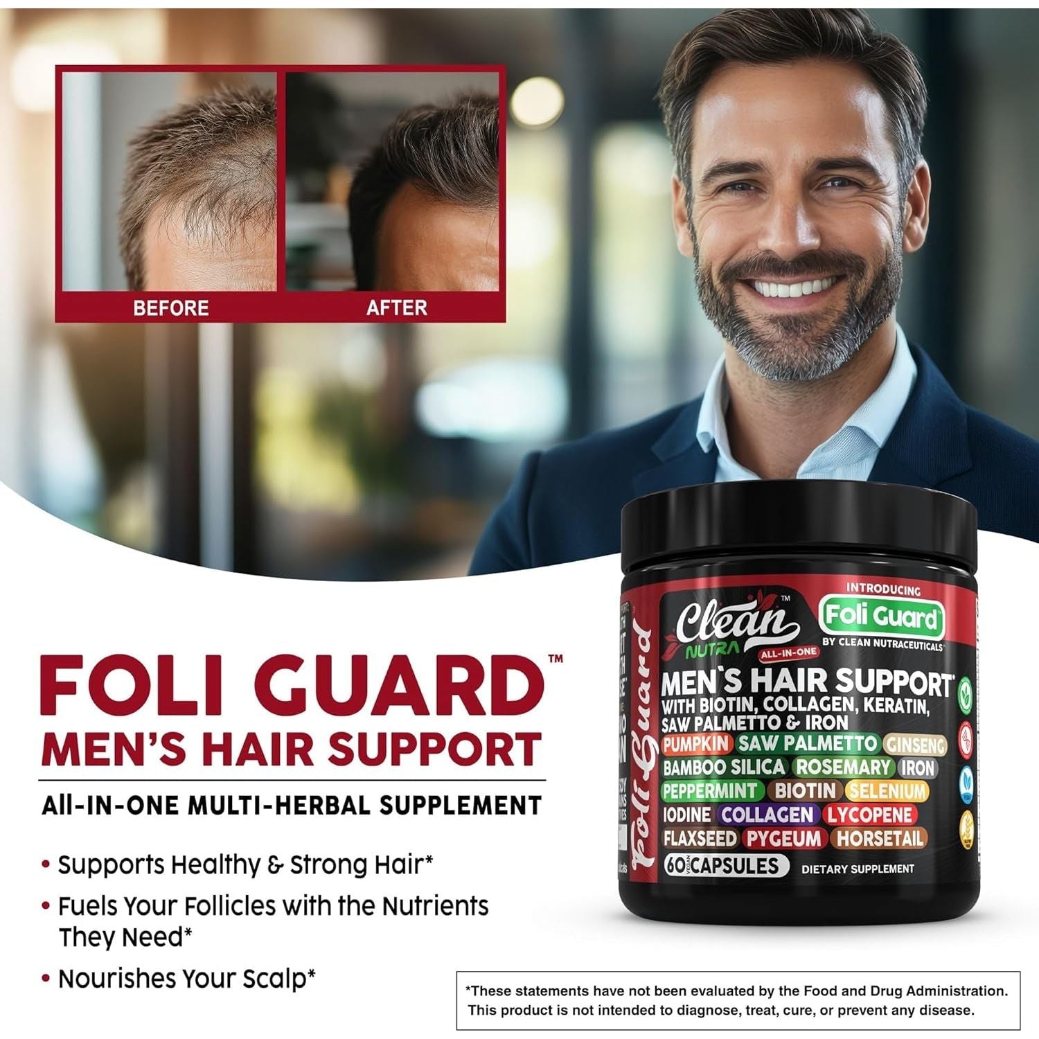 Clean Nutraceuticals Men's Hair Support Supplement – 60 Capsules | Biotin, Collagen & Saw Palmetto for Hair Growth, Thickness & Scalp Health