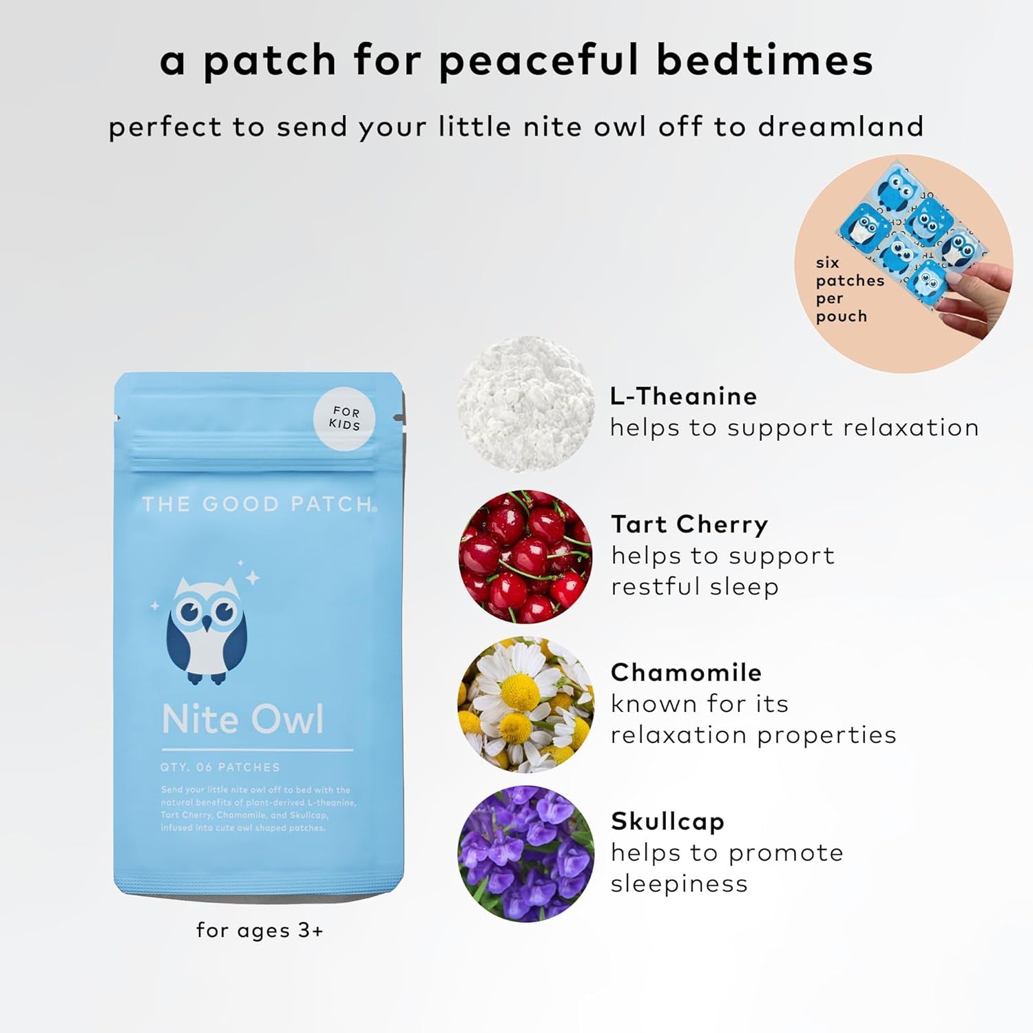 The Good Patch Nite Owl – 12 Patches | Natural Sleep Patch for Kids with Tart Cherry, Chamomile & Skullcap