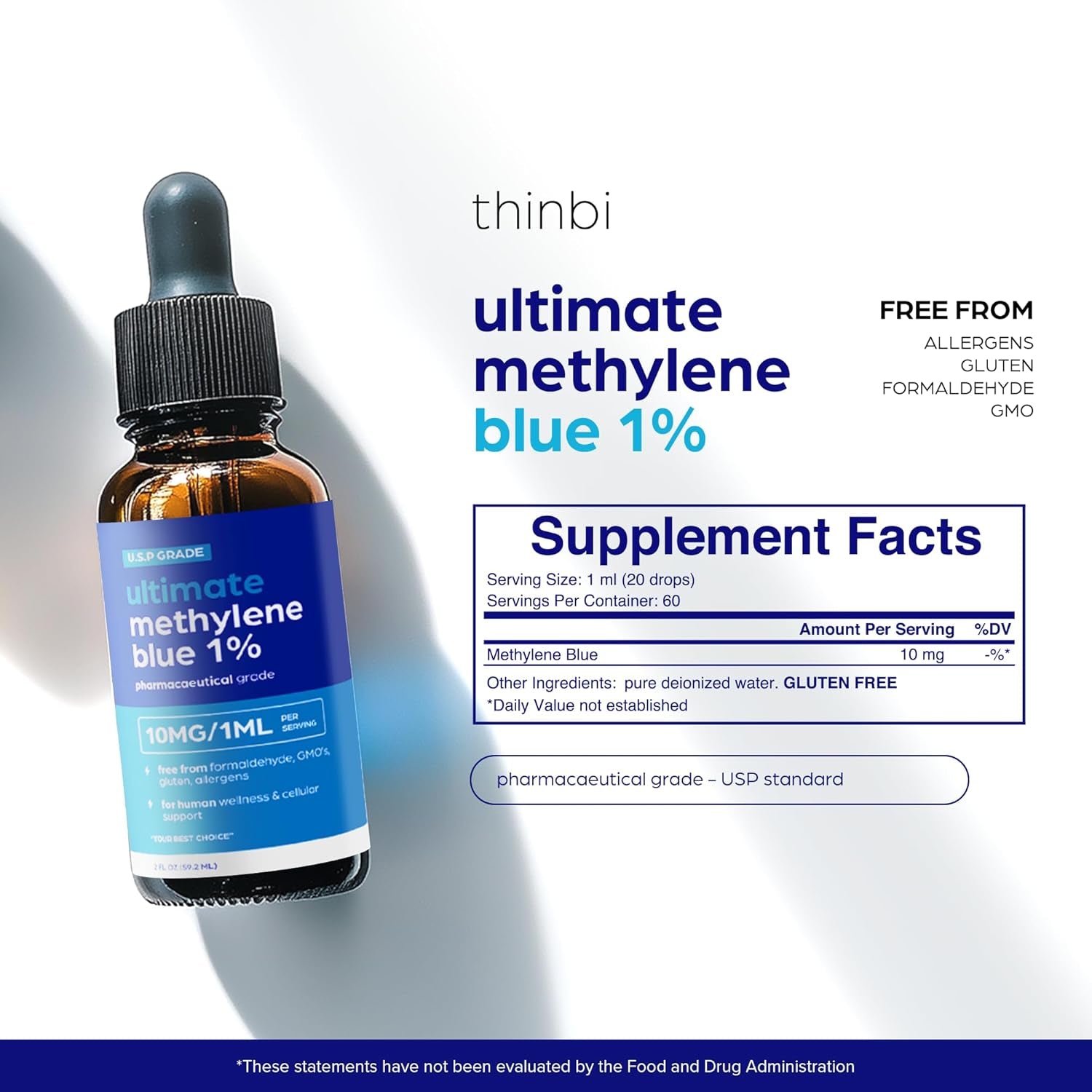 Methylene Blue Pharmaceutical Grade 2Oz– USP Grade 1% Solution with Balanced Electrolyte Solutionthird-Party Tested Brain Health Supplement for Humans –No Formaldehyde High Cognitive Support