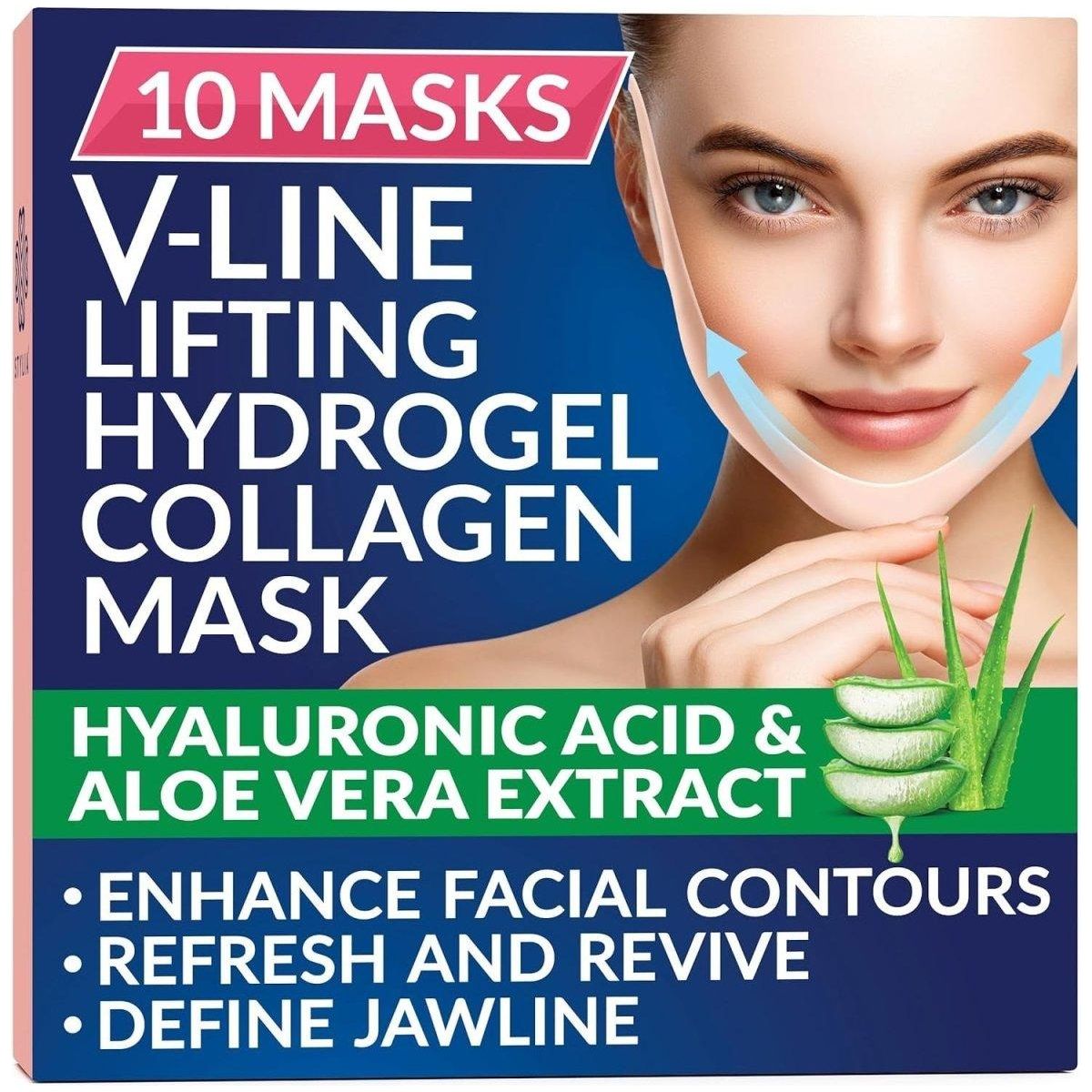 Double Chin Mask - V Line Chin Strap - Toning Hydrogel Collagen Face Mask with Hyaluronic Acid & Aloe Vera - 10PC - Glam Global UK