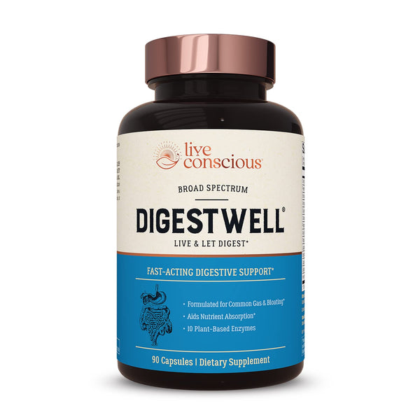 Live Conscious DigestWell – 90 Capsules | Advanced Enzyme & Probiotic Blend for Gut Health, Gas & Bloating Relief