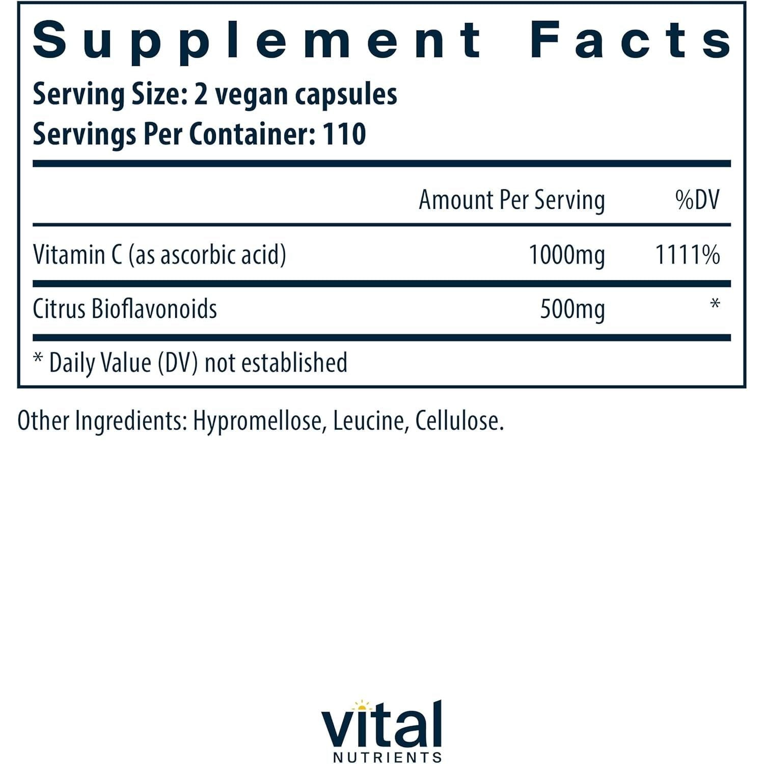 Vital Nutrients Vitamin C with Bioflavonoids – 220 Capsules | Immune & Antioxidant Support Supplement