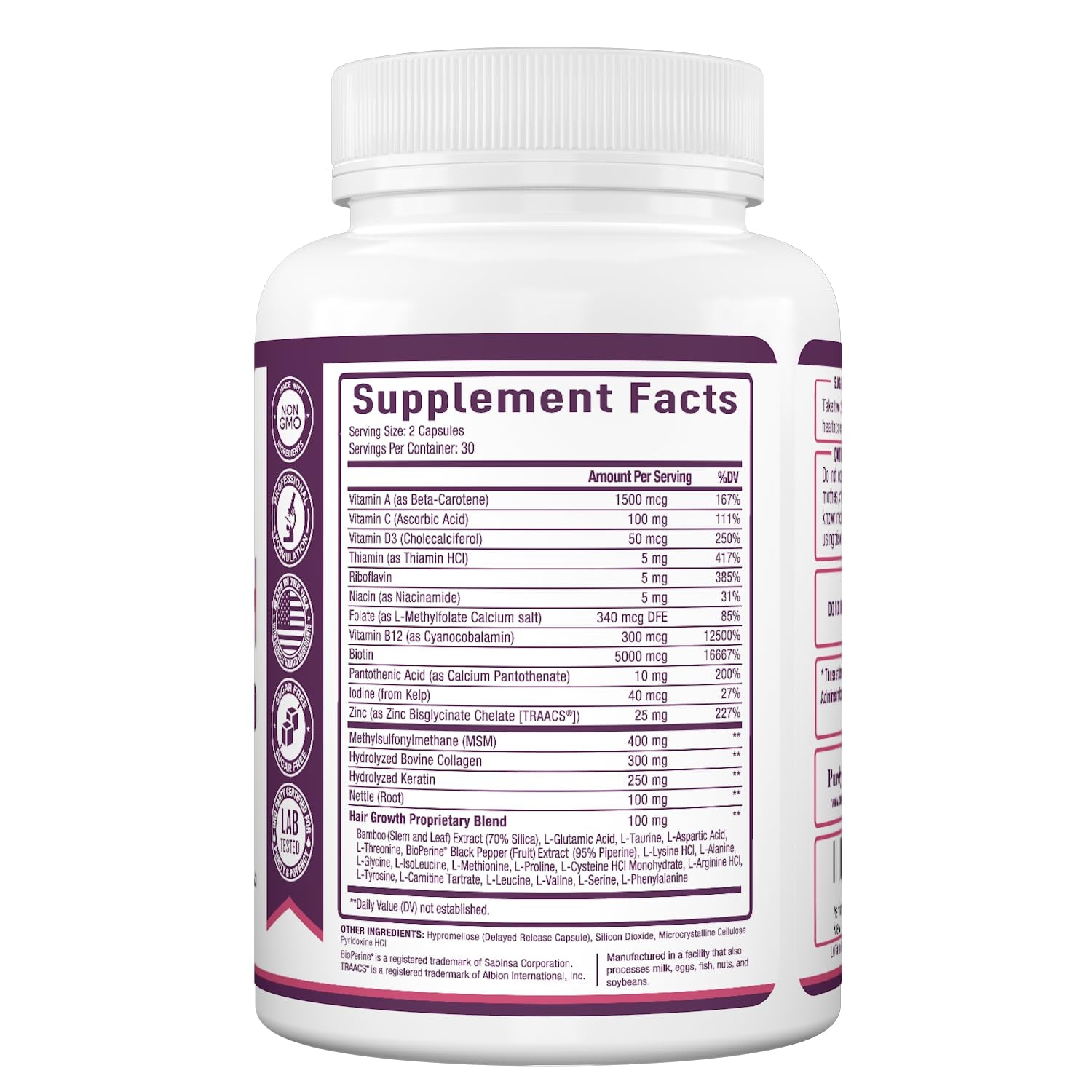 Purely Optimal Complete Hair Growth Supplement – 60 Capsules | Biotin, Collagen & Keratin for Stronger, Thicker Hair