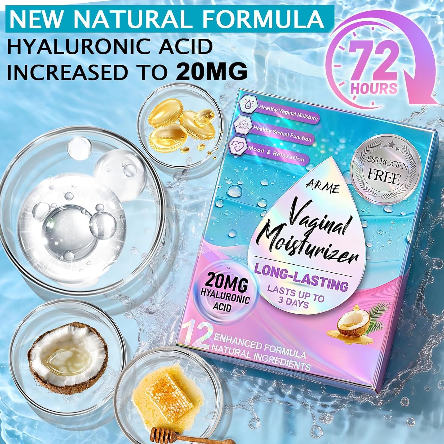 20MG Hyaluronic Acid Vaginal Moisturizers Suppositories + Coconut Oil&Ve 72-Hour for Vaginal Dryness from Menopause, Surgery Hormone-Free Best Vaginal Dryness Products 1-Month Supply (12 Inserts)