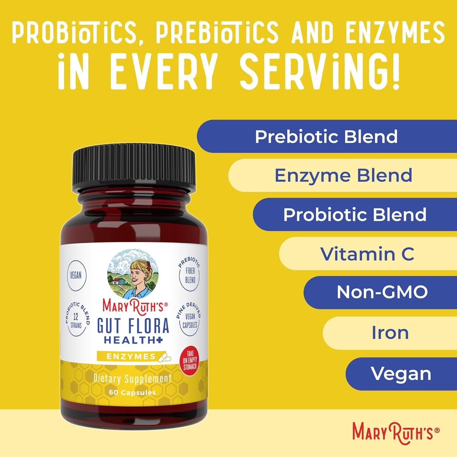 MaryRuth Organics Gut Flora Health+ Enzymes – 60 Capsules | Probiotic, Prebiotic & Enzyme Blend for Digestive Support