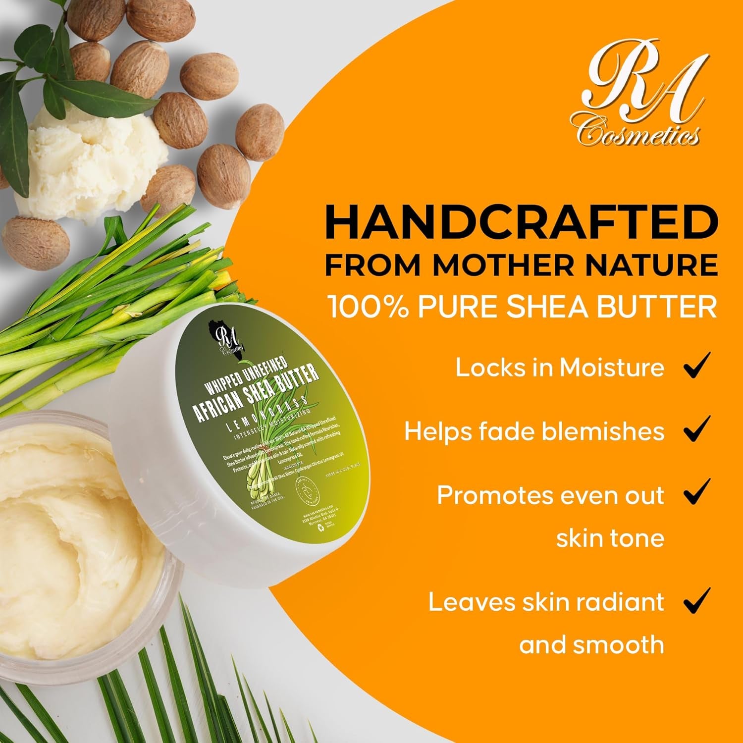 RA COSMETICS Whipped With Lemongrass African Shea Butter – 340g | Energising Moisture, Skin Firming & Brightening Care