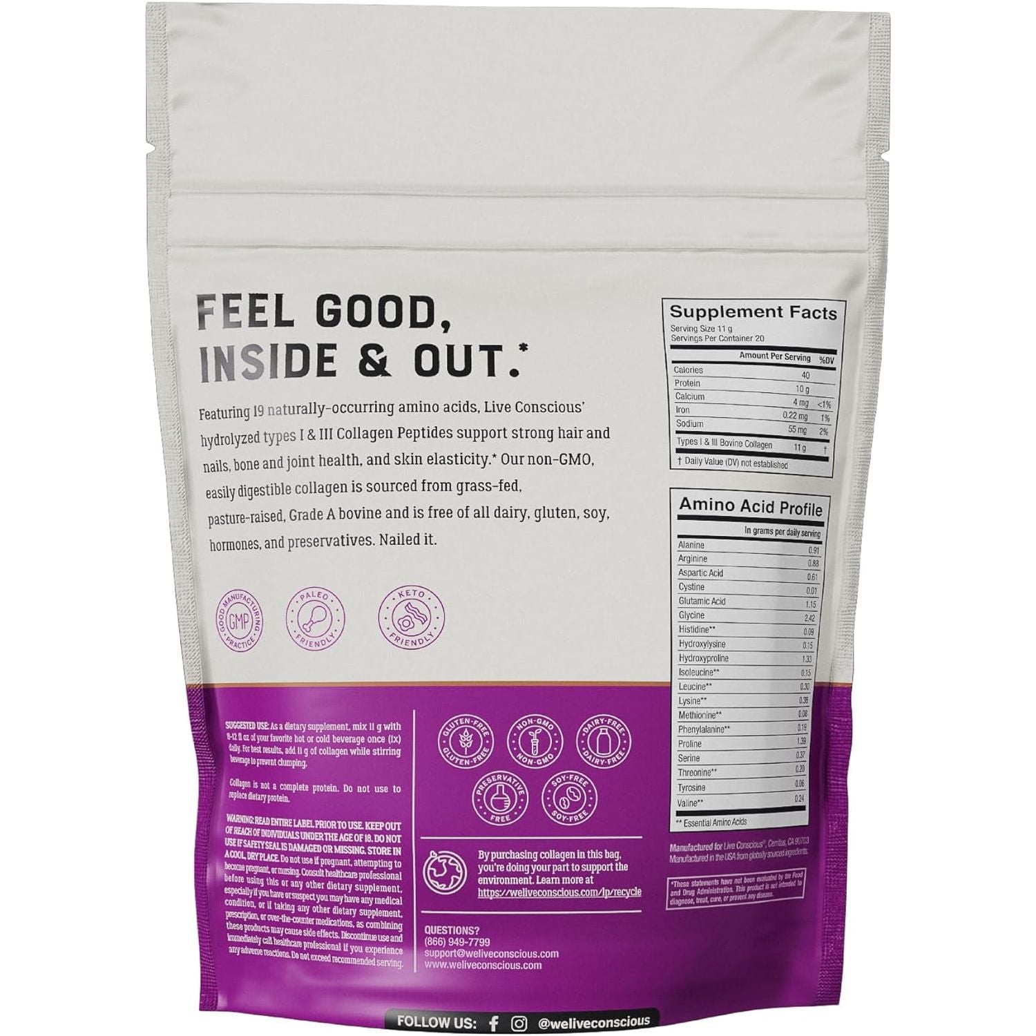 Live Conscious Collagen Peptides (Unflavored) – 220g | Youthful Skin, Hair & Nail Support | 20 Servings
