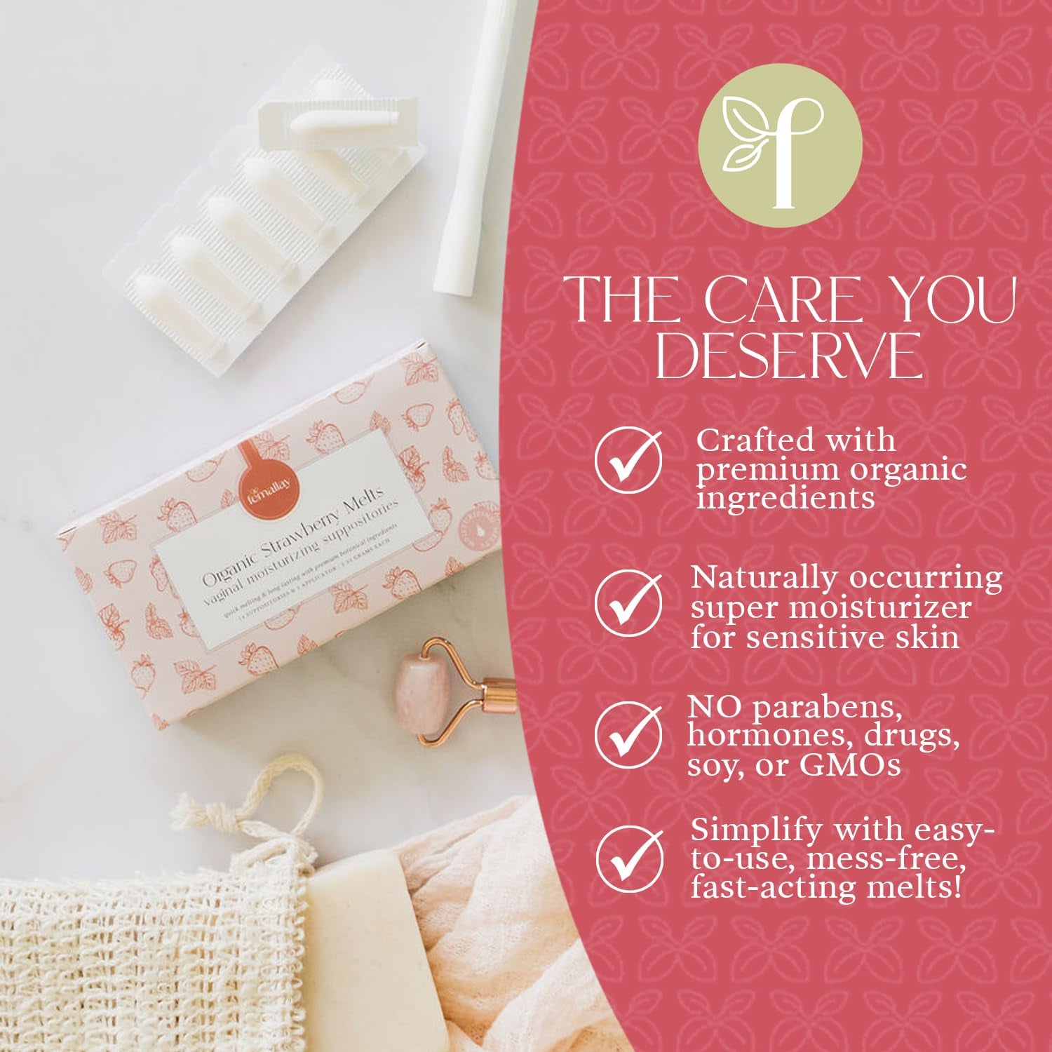 Femallay Organic Strawberry Melts Vaginal Moisturizing Suppositories – 14 Suppositories + 1 Applicator, 2.25g Each (2 Packs) | Natural Moisture & Intimate Comfort